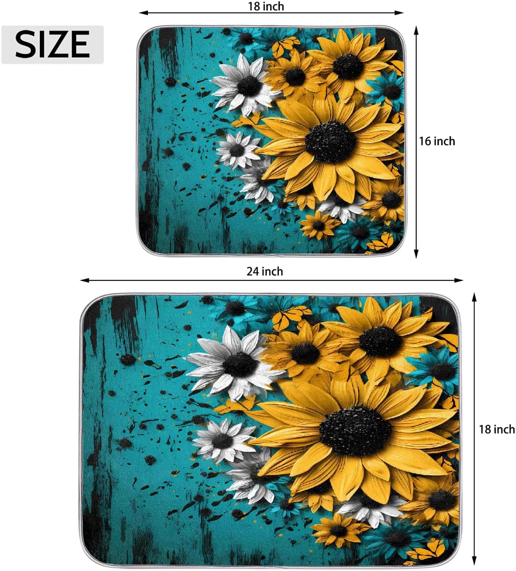 Dish Drying Mat Turquoise Wooden Sunflower Large Drying Mat for Kitchen Counter 18x24in Absorbent Dish Drainer Rack Pad, Heat Resistant Coffee Bar Mats Countertop Protector