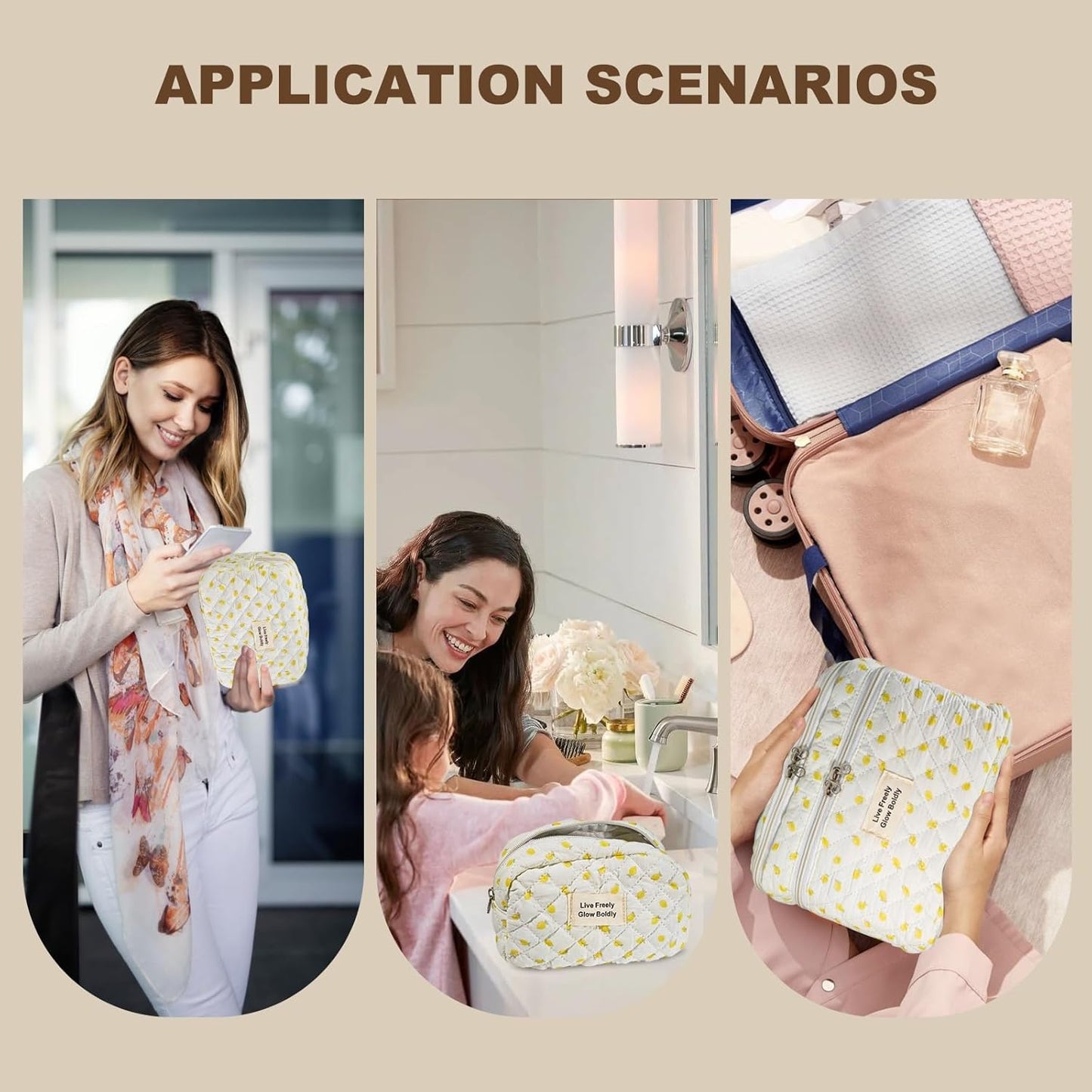 3Pcs Large Travel Quilted Makeup Bag, Double Layer Cute Floral Cotton Toiletry Bag, Aesthetic Flower Cosmetic Bag Coquette Skincare Organizer Bag for Women (78-Lemon)