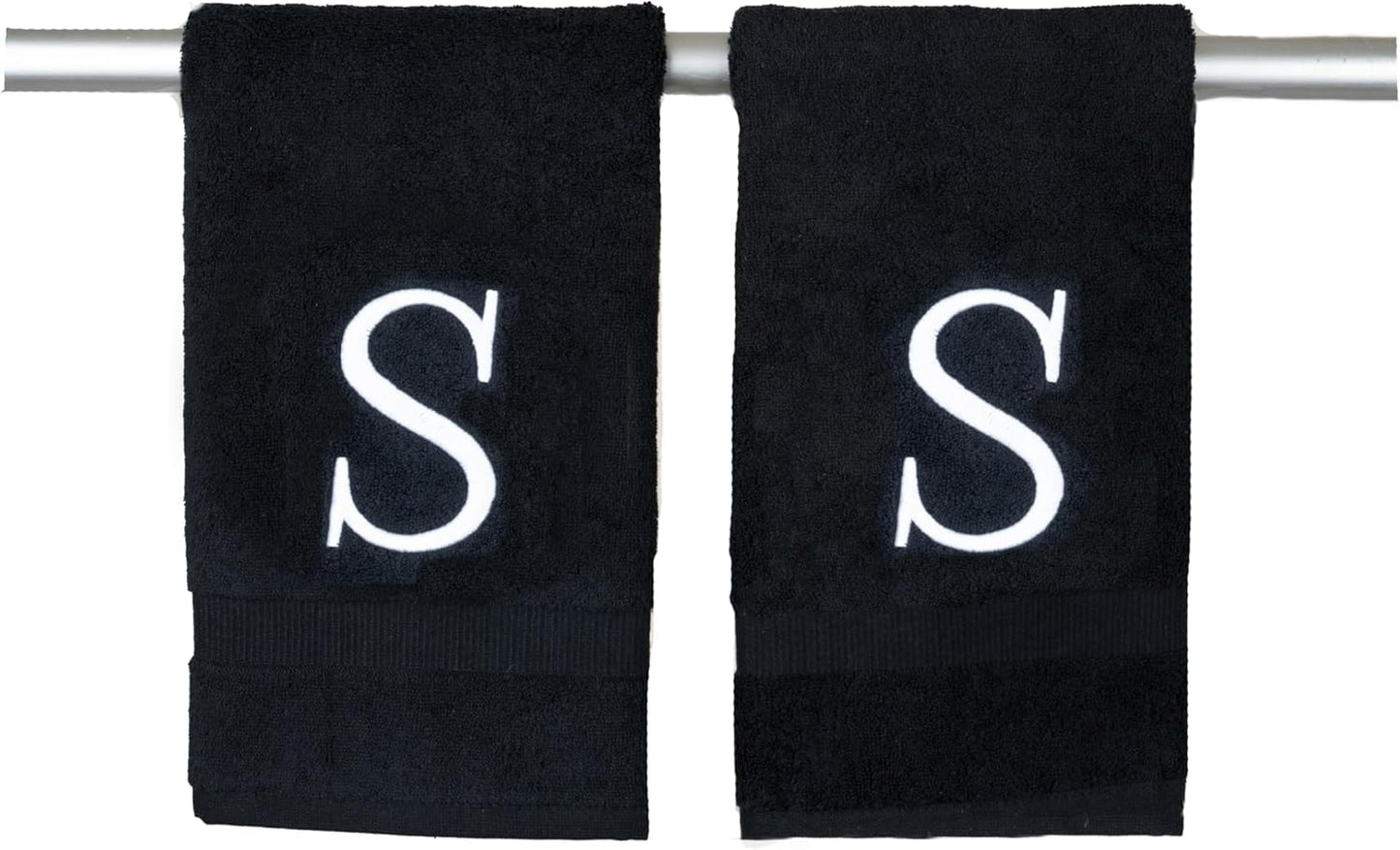 Black, Letter Hand Towel for Bathroom - Monogrammed Initial Hotel Quality Decorative Embroidered Towel for Powder Room, Spa - GOTS Organic Certified - Pack of 2, Letter S