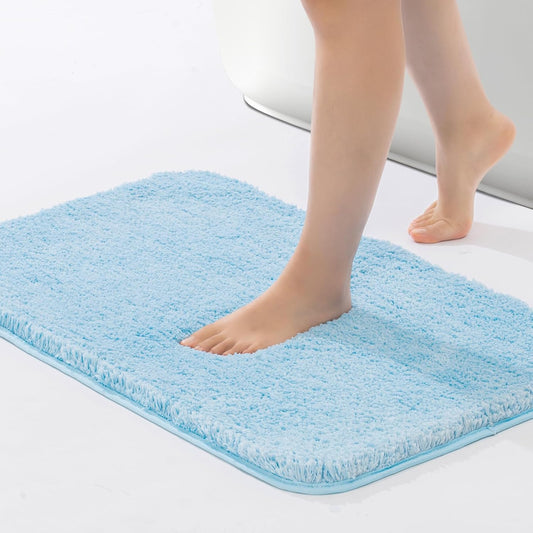 ROSMARUS Shaggy Bath Rugs for Bathroom Non Slip 17" X 24", Water Absorbent Bath Mat, Soft Shower Mat for Floor & Tub, Fluffy Plush Rug Machine Washable, Blue