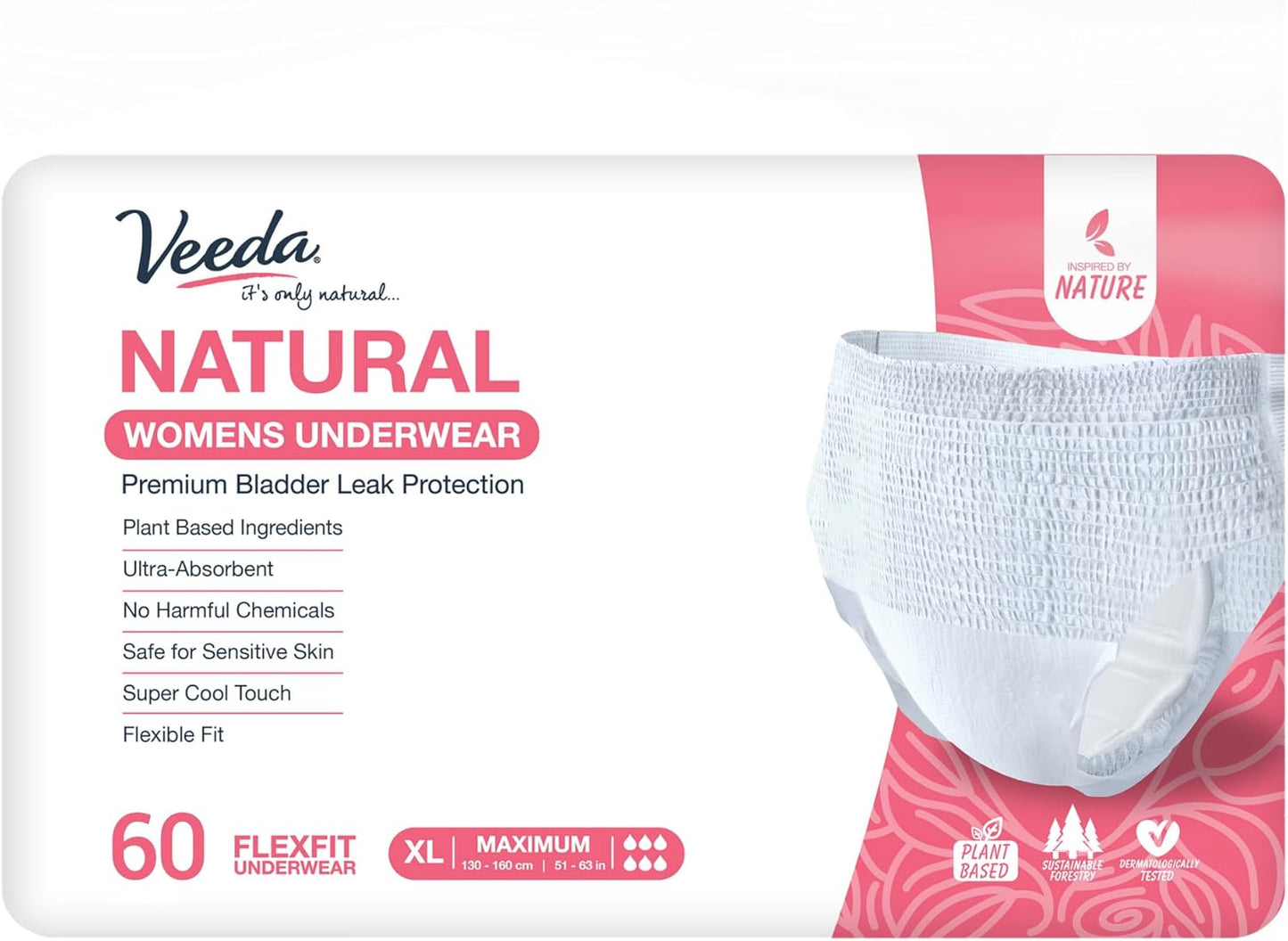 Veeda Natural Adult Incontinence Underwear for Women - Postpartum Underwear for Bladder Leakage Protection - Disposable Underwear with Maximum Absorbency - X-Large Size - 60 Count