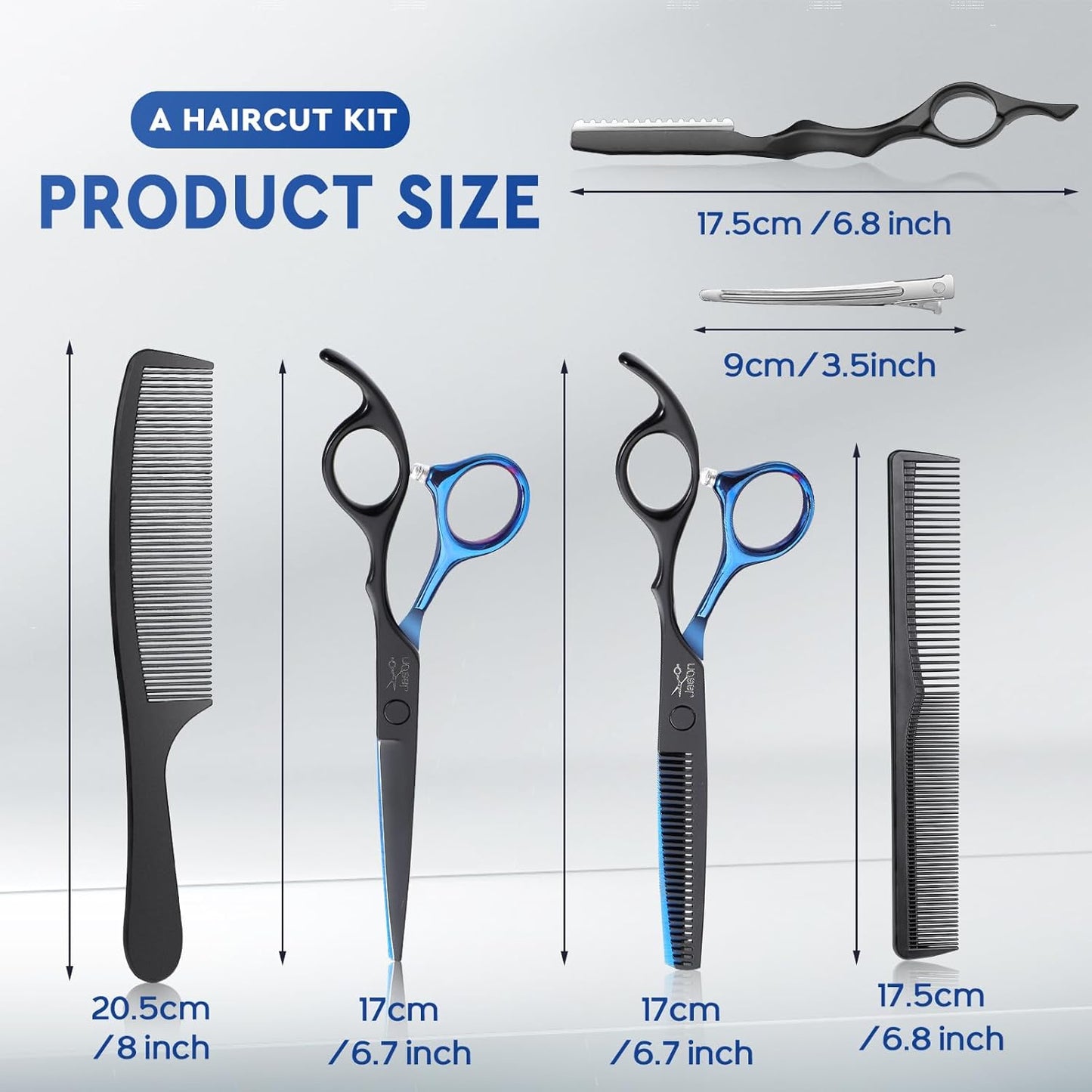 JASON Professional 10 PCS Haircut Scissors Set - 6.7" Thinning/Texturizing Scissors, Straight Shears for Men Women Home Salon Barber (30 Teeth, Black & Blue)