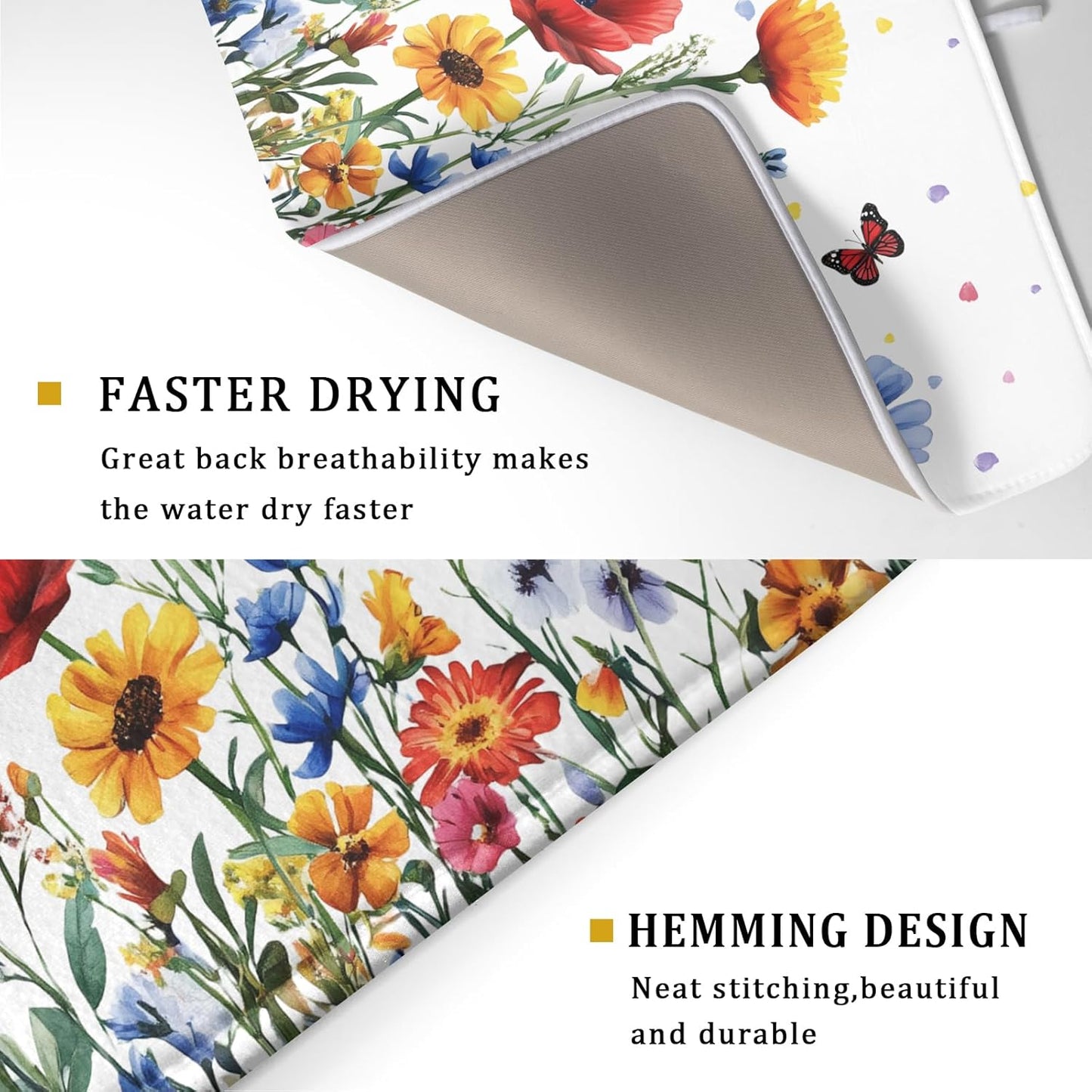 Watercolor Flower Dish Drying Mat 18x24 Inch Floral Butterfly Dish Drainer Protector Pad Washable Reversible Kitchen Counter Dish Dry Pad