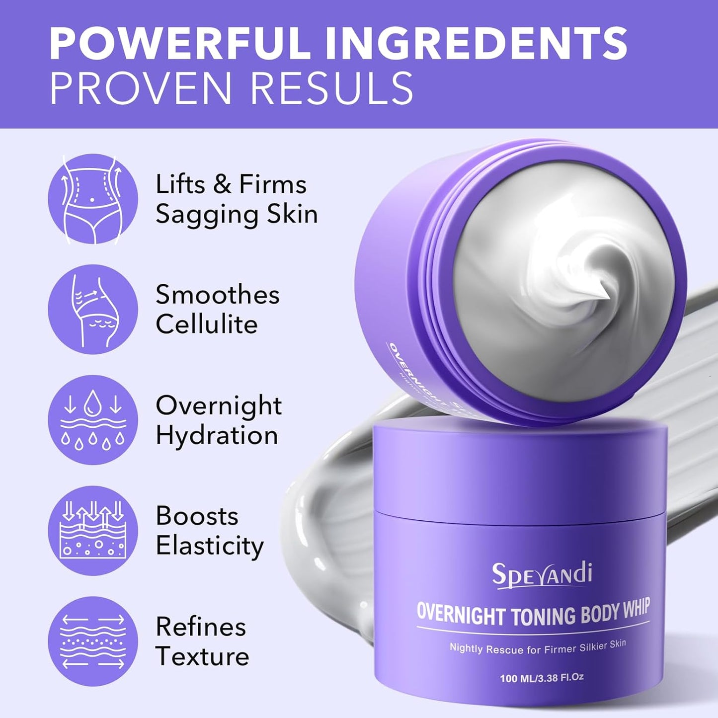 Overnight Toning Whip, Anti-Wrinkle Firming Body Lotion, Smooth & Tight Skin, Helps Target Loose Skin & Stretch Marks Removal on Belly, Thighs & Booty (3.38 OZ)