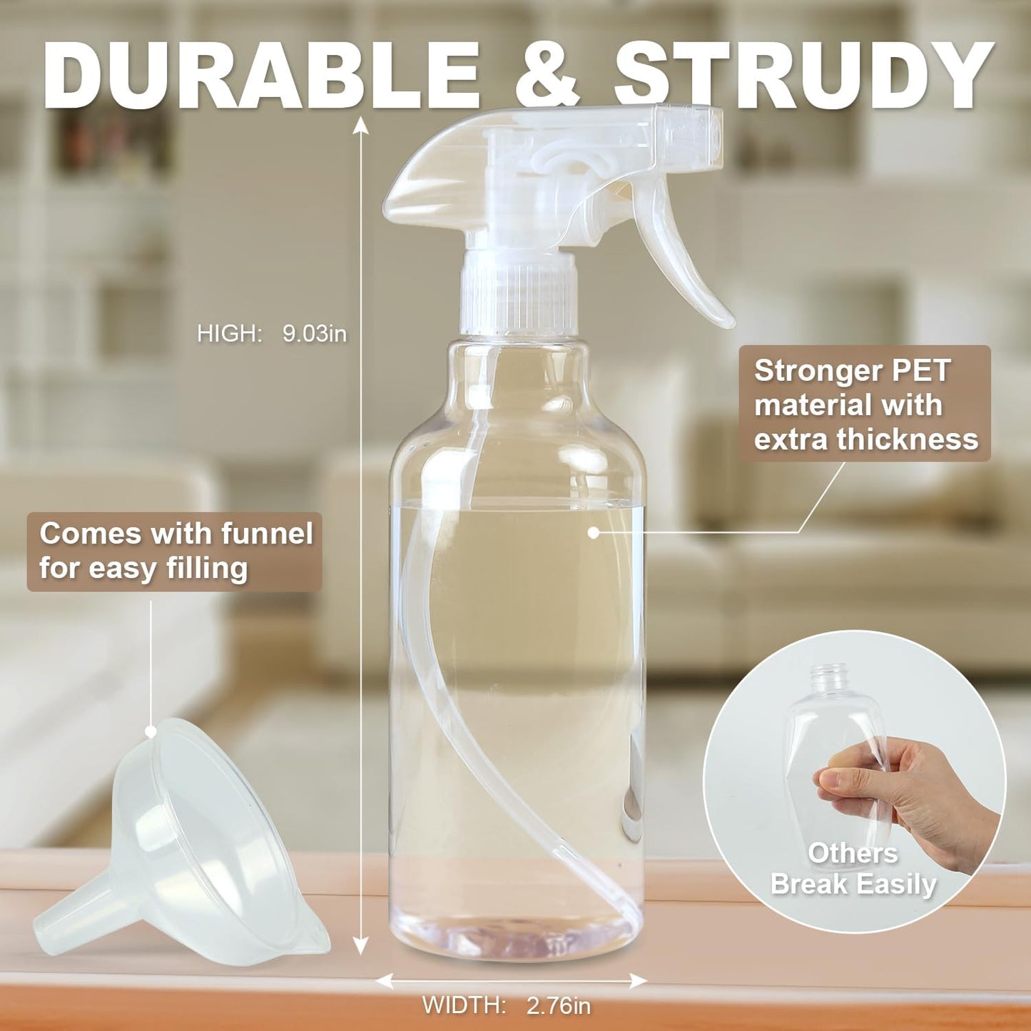 Plastic Spray Bottles (2-Pack, 16.9 Oz) Heavy Duty Spraying, Mist & Stream, Empty Water Sprayer Bottle for Cleaning Solutions, Essential Oils, Hair, Plants, BBQ, Dog Cat Behavior Correction (Clear)