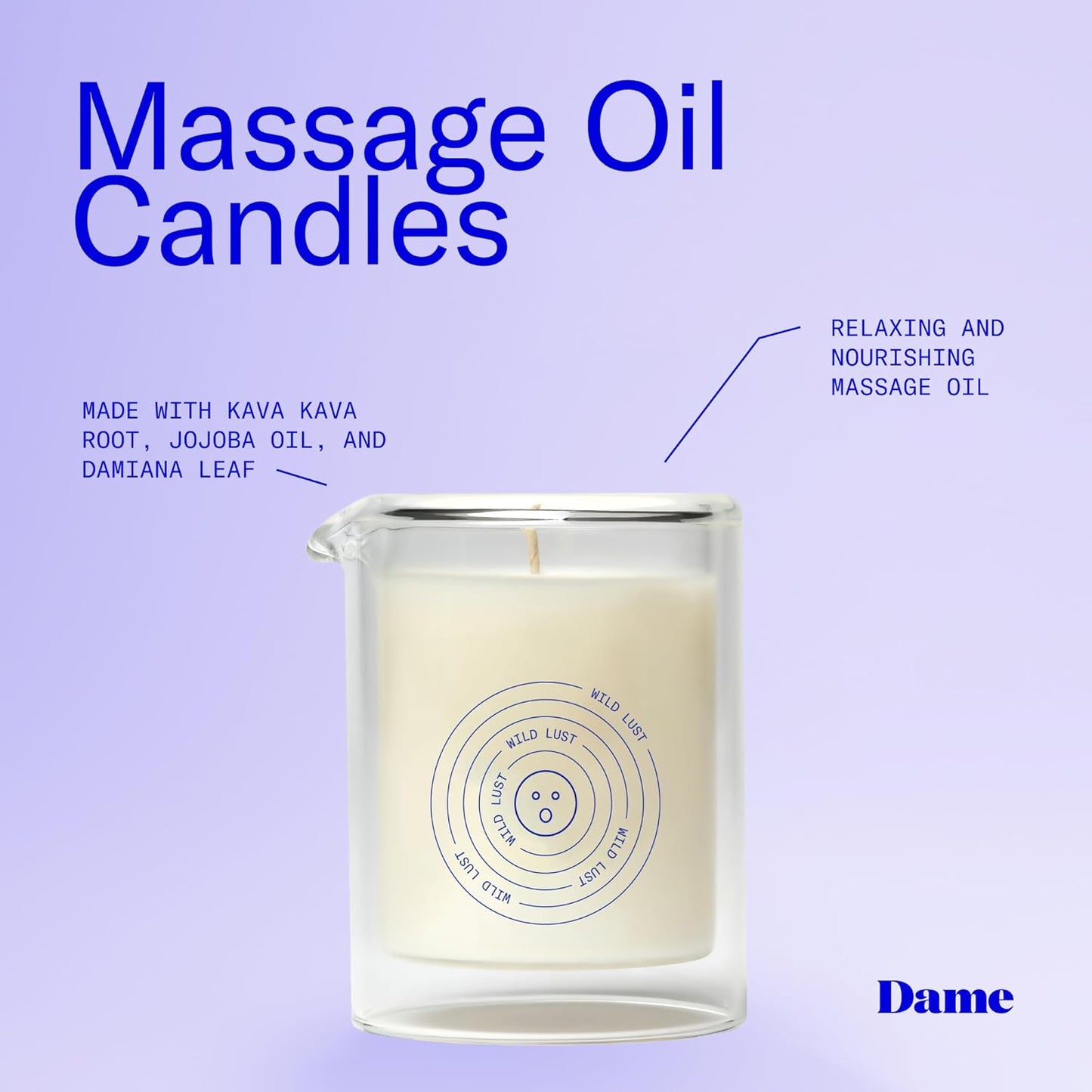 Dame Products Massage Oil Candle - Plant-Based with Kava Kava - Moisturizing and Relaxing - Wild Lust Scent