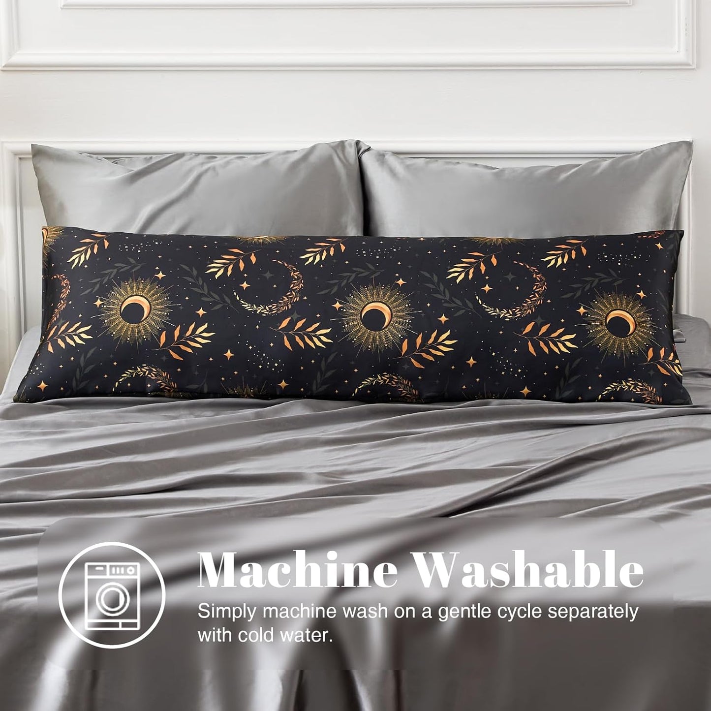 EXQ Home Satin Pillowcase for Hair and Skin Body- Multicolor Printed Black Moon Silk Pillowcase 20x54 inches - Body Pillow Cases with Envelope Closure, Gifts for Women