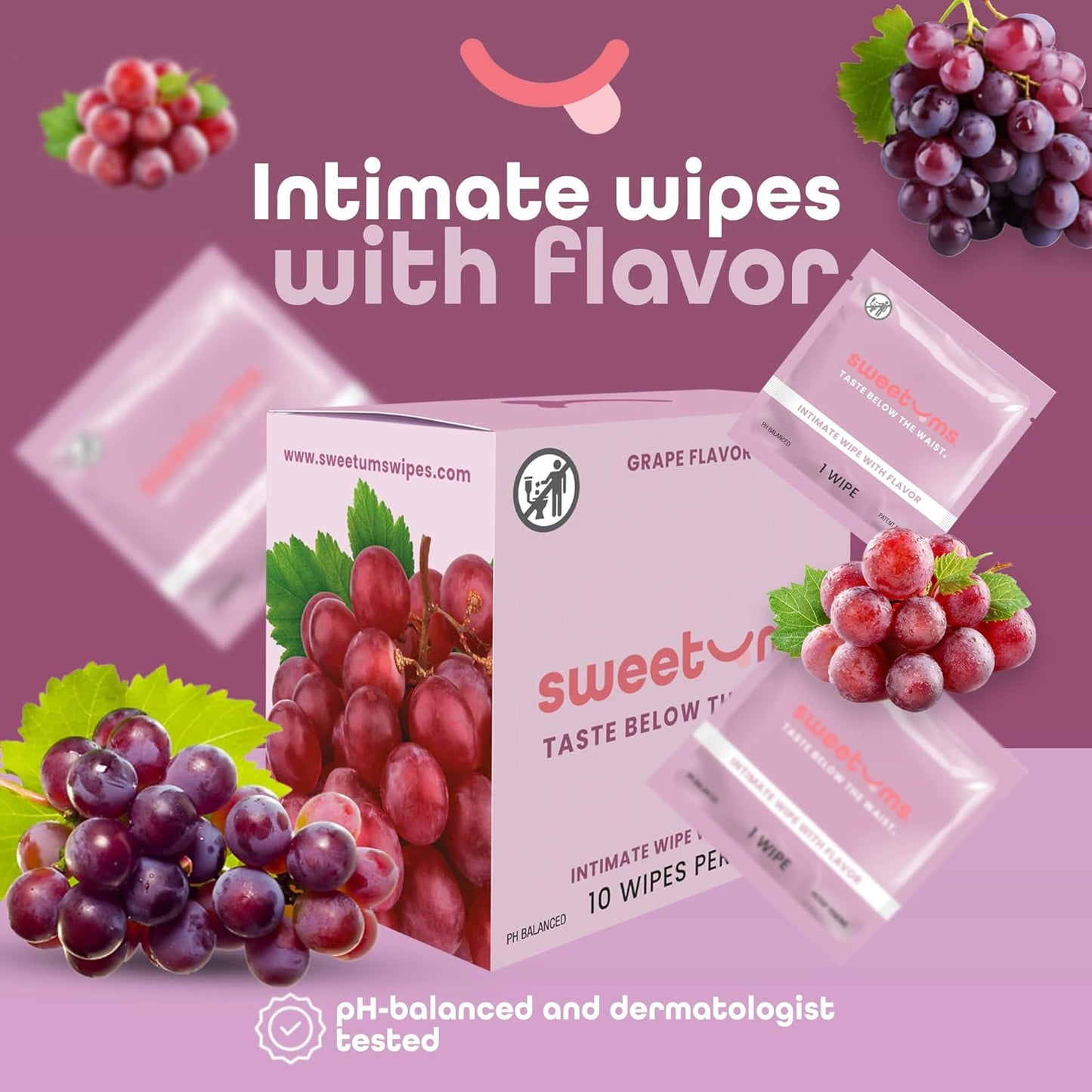 Feminine Wipes For Women, Individually Wrapped - pH Balanced Flavored Intimate Wipes - Grape, Pack of 10