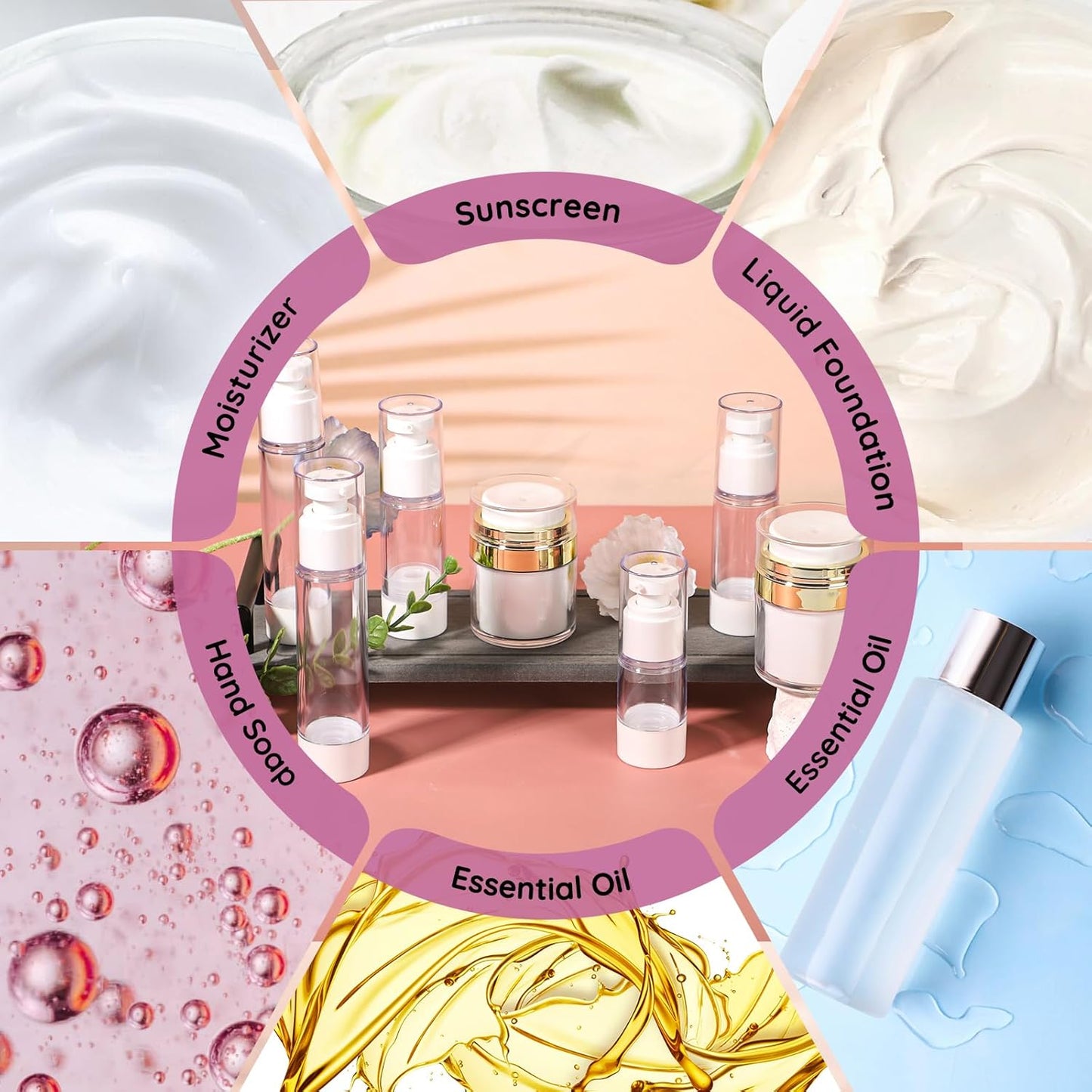 Segbeauty 7pcs Airless Pump Bottles Set, Refillable Travel Airless Pump Jars with Lid for Thick Moisturizer, Oils Vacuum Lotion Dispenser, Empty Fine Mist Vacuum Spray Bottles for Hair 0.5oz 1oz 1.7oz