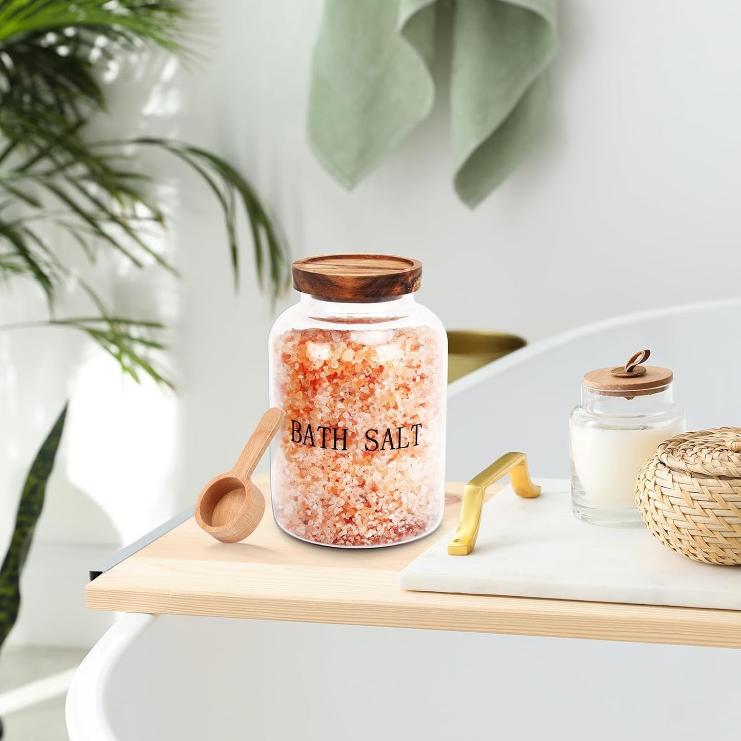 2Pcs 74 oz Glass Bath Salts Jar,Bath Salt Container with Wooden Lid and Scoop,Bathroom Organizers and Storage,for Bathroom Bath Decor,Home Decor,Bathtub Accessories for Women