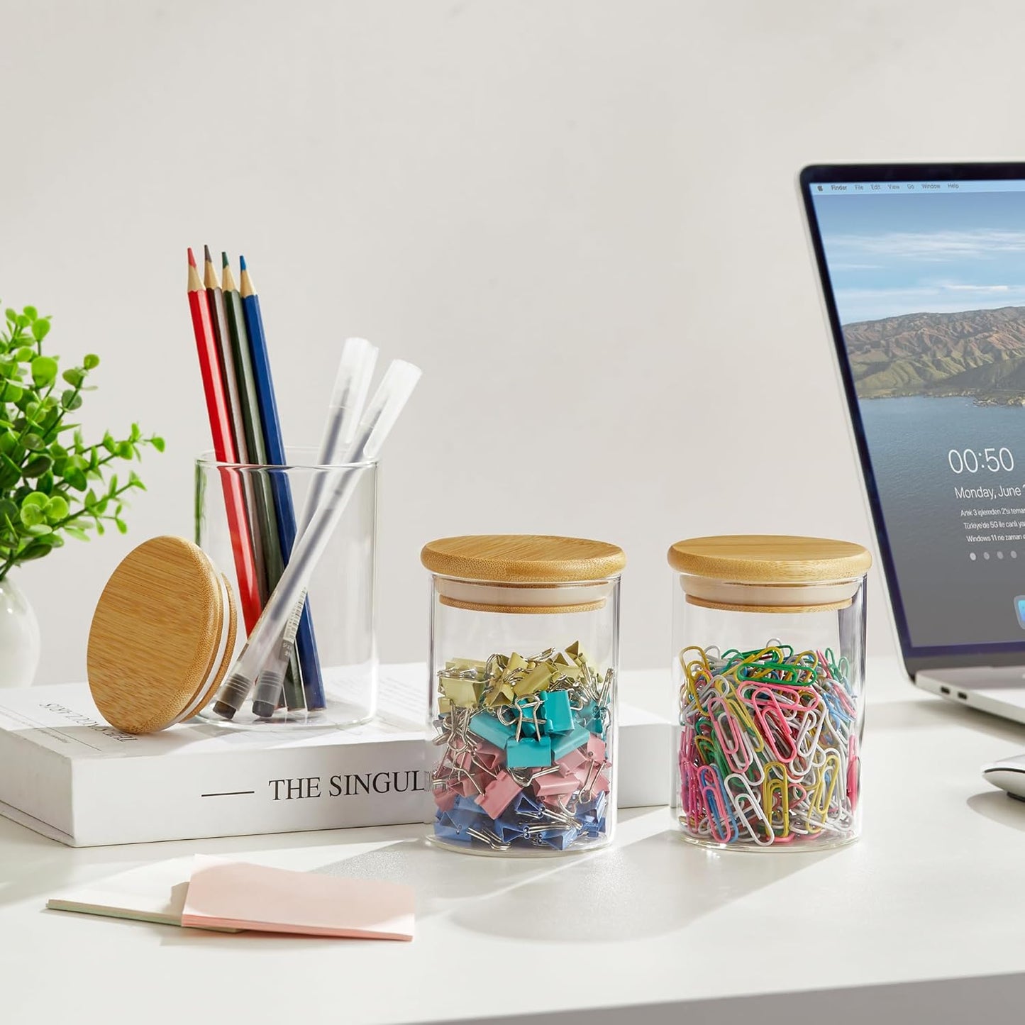 4 Pack Qtip Holder Dispenser - Glass Apothecary Jars with Lids, Cotton Ball Pad Swab Round Holder, Bamboo Bathroom Accessories, Bathroom Organizers Containers Jars Canisters with Lids