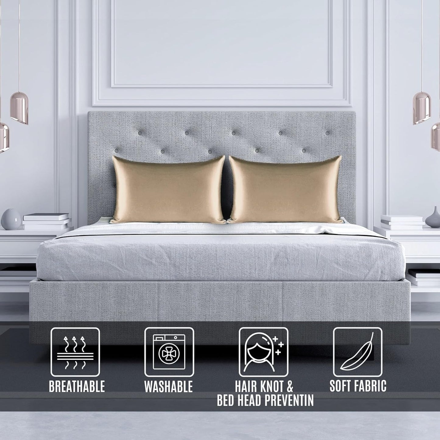 Satin Silk Pillowcase for Hair and Skin, Black Pillow Cases Standard Size Set of 4 Pack Super Soft Pillow Case with Zipper Closure (Camel, Standard(4 Pack))