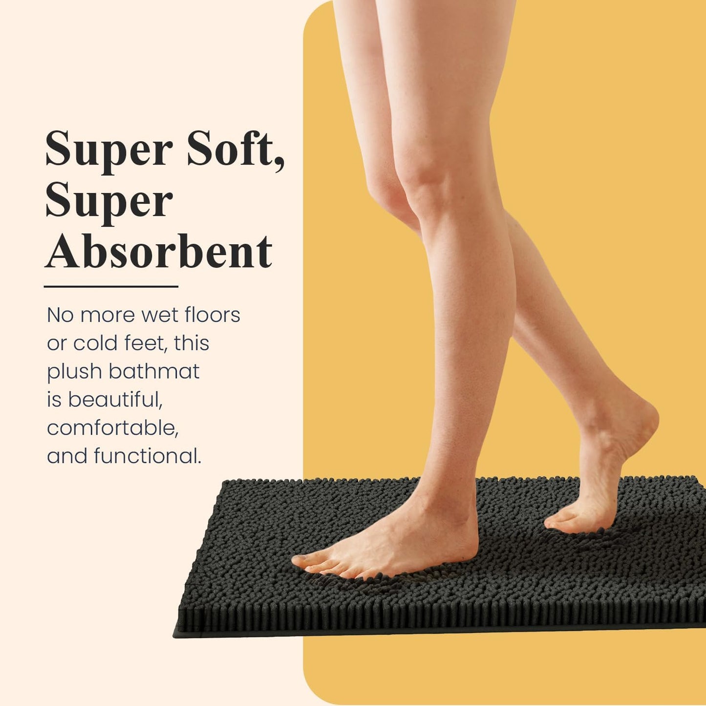 MAYSHINE Plush Shaggy Chenille Bath Mat | Extra Soft, Super Absorbent, Non-Slip Bathroom Rug | Fluffy Microfiber, Area Rug Sets for Bathroom Floor, Kitchen, Living Room | 32"x20" | Black