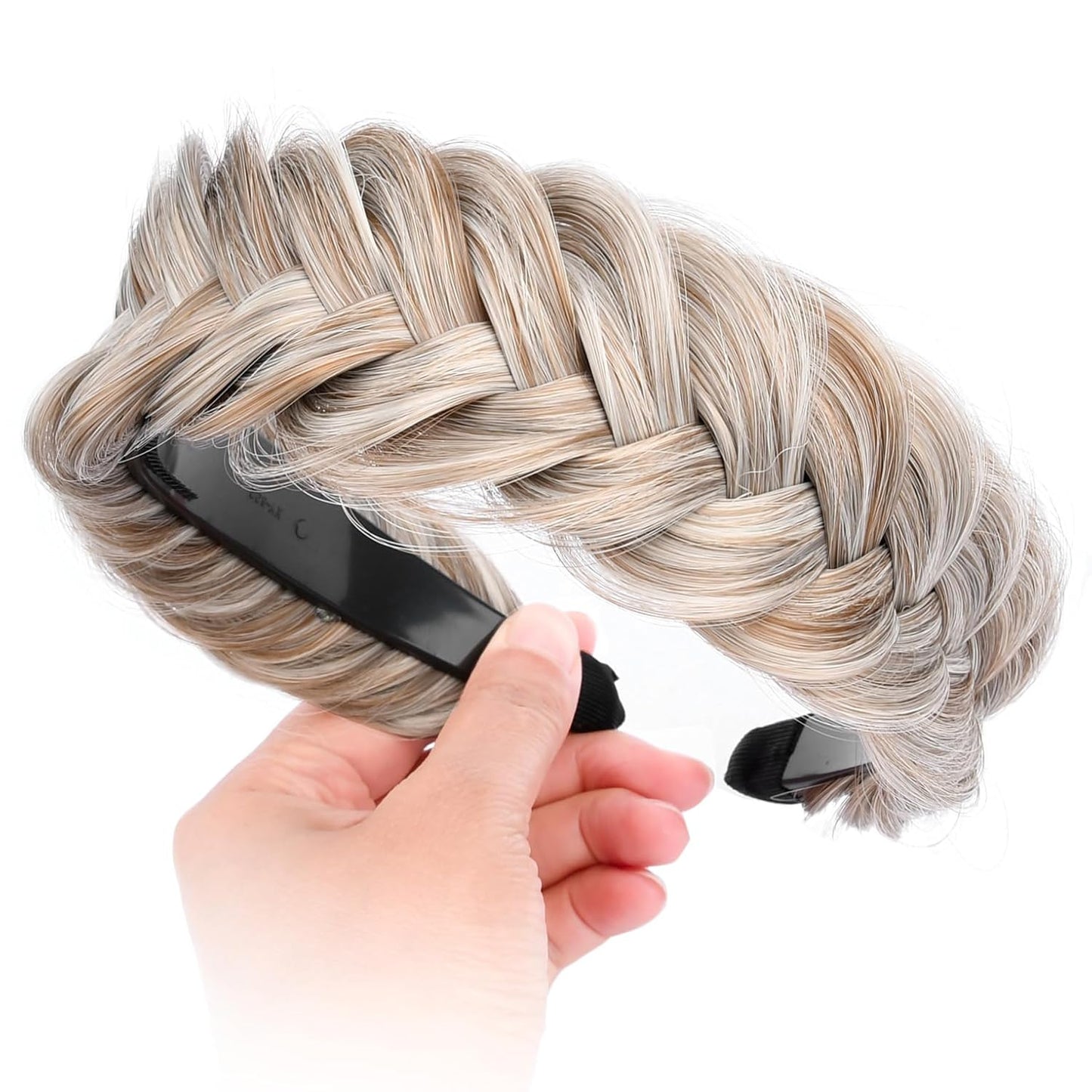 DIGUAN Wide Messy Braided Headband With Teeth Synthetic Hair Plaited Headband High Elasticity Braids Chunky Fishtail Braided Hair Band Hairpiece for Girls Women Beauty Accessory (White Gray Brown)