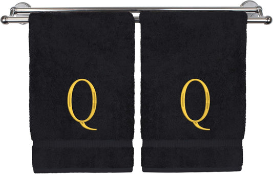 Monogrammed Hand Towel, Personalized Initial Gift, Extra Absorbent 100% Turkish Cotton - Soft Terry Finish - Set of 2 - Gold Block Initial Q - Embroidered on Black Towels