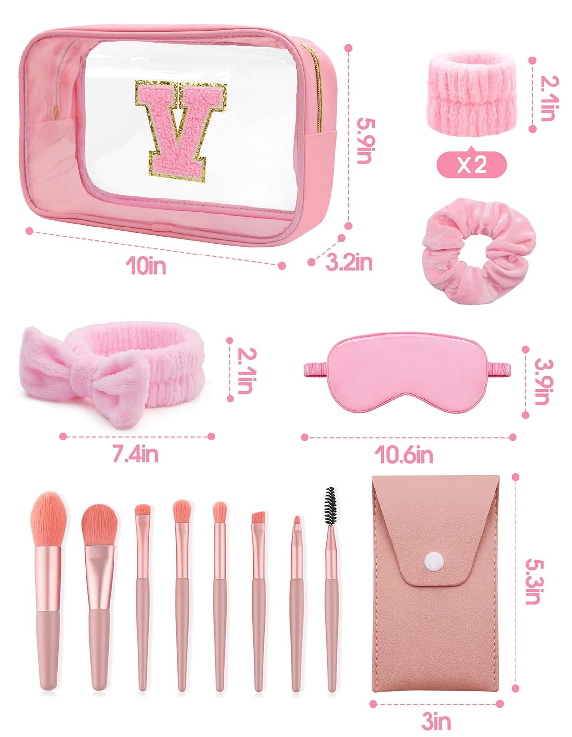 Gift Sets for Women, Initial Makeup Bag with Makeup Brush Set Bachelorette Party Favors, Pink Spa Kit with Skincare Headbands Wrist Bands Sleepover Party Supplies Gifts for Teen Girls Bridesmaid V