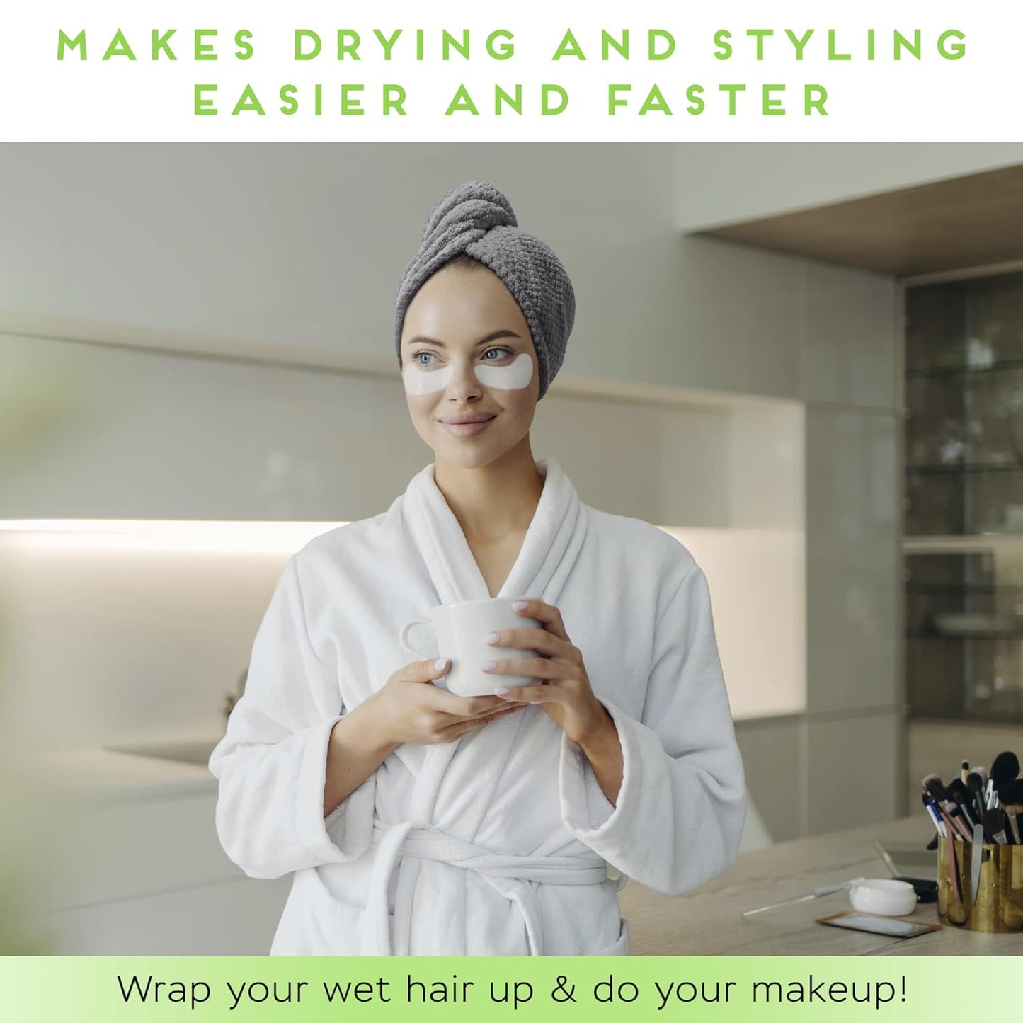 2 Pack Microfiber Hair Towel Wrap for Women, Anti Frizz Quick Drying Hair Turban for All Hair Style, Absorbent and Lightweight (Grey)