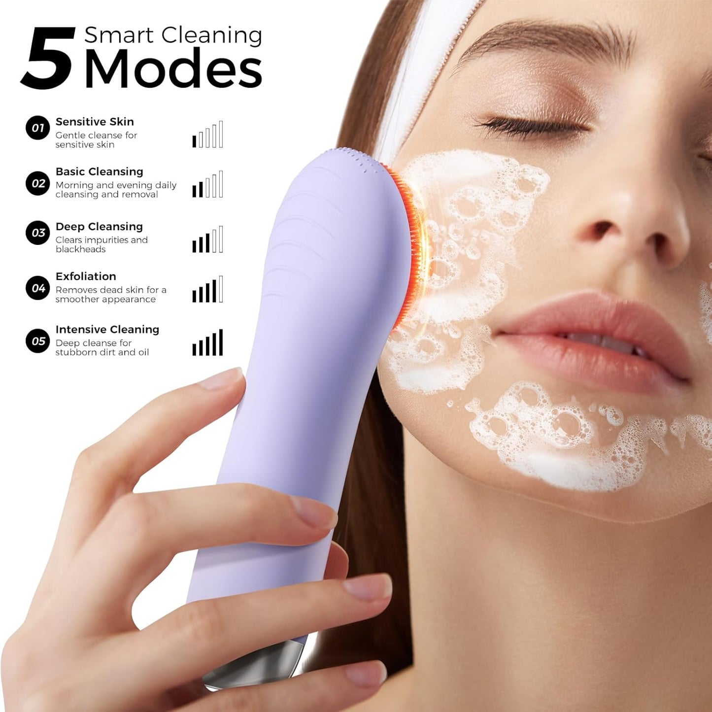 Facial Cleansing Brush Face Scrubber - Rechargeable Electric Face Cleansing Brush with 4 LED Gentle Light Liquid Silicone Modes Exfoliator,IPX7 Waterproof Ideal Gift for Men and Women-Purple