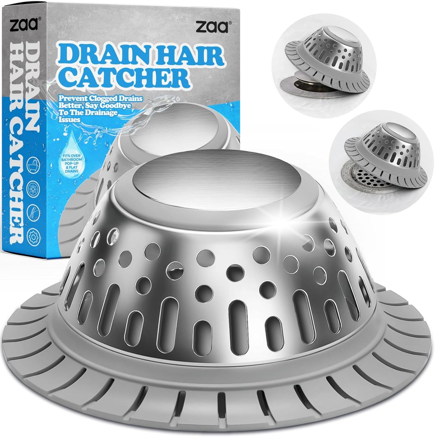 zaa Drain Hair Catcher - Bathtub Drain Cover, Hair Stopper for Bathtub Drain, 304 Stainless Steel Drain Protector and Hair Trap for Flat & Pop-up Drains, Silver Gray