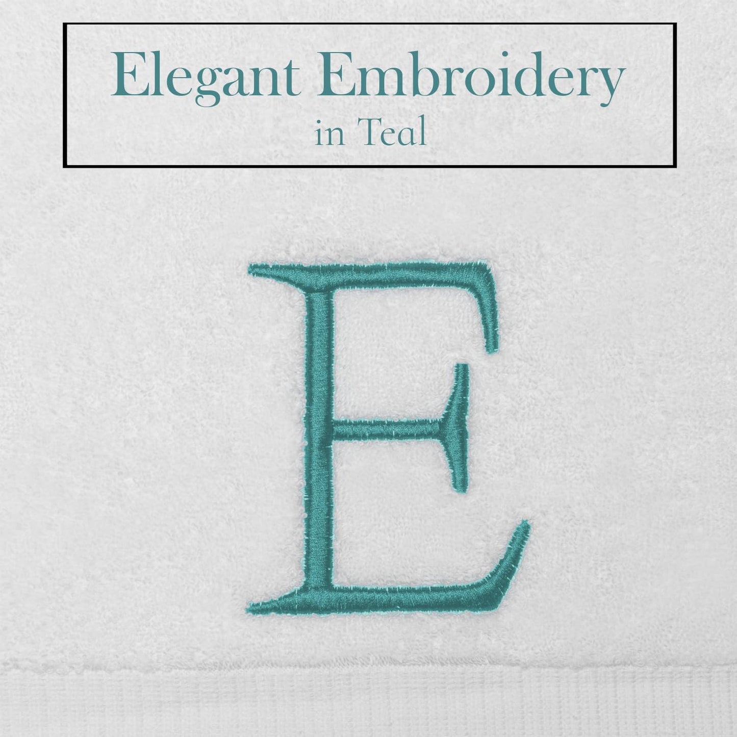 White Monogram Hand Towel for Bathroom - Monogrammed Initial Hotel Quality Decorative Embroidered Luxury Towel for Powder Room, Spa - GOTS Organic Certified - Set of 2 Teal Letter E