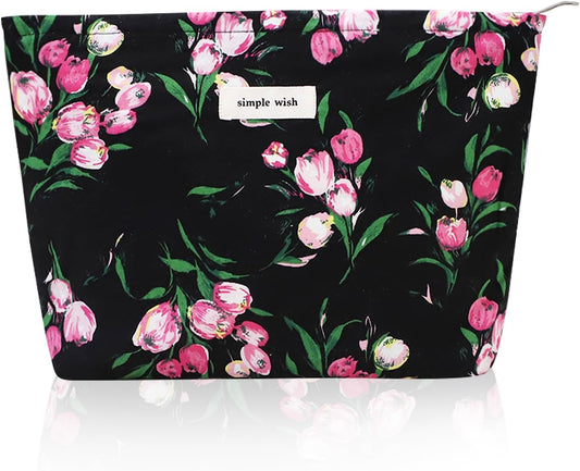 Wudygirl Makeup Bag Aesthetic Makeup Pouch Toiletry Bag Canvas Cosmetic Bag for Women and Girls Large Capacity Travel Makeup Bag Cute Pencil Pouch with Zipper (Black and Red Floral)