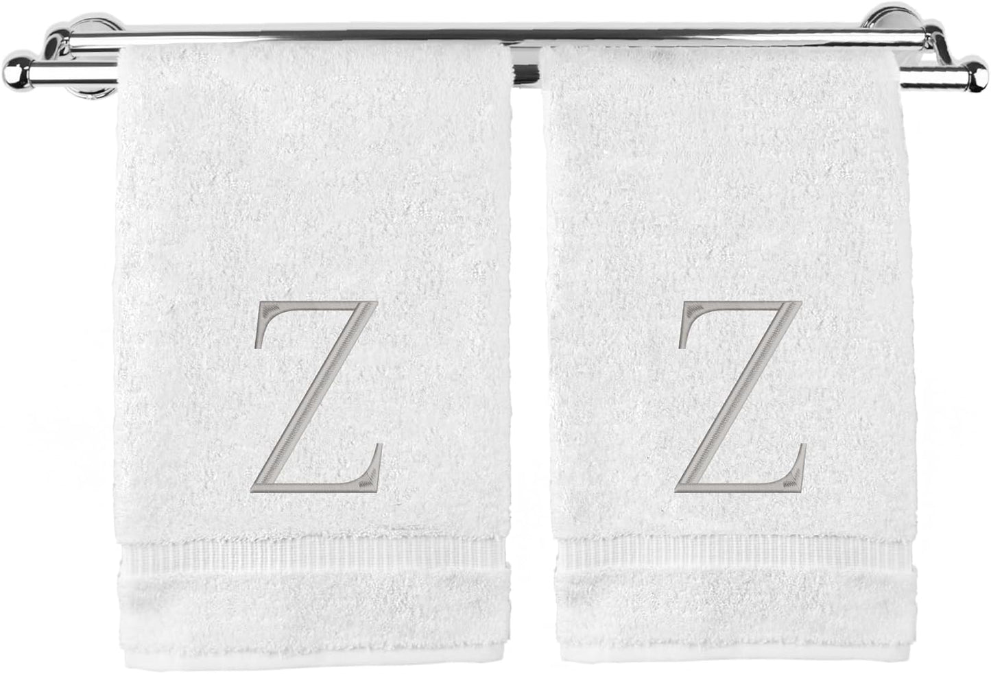 Monogrammed Hand Towel, Personalized Initial Gift, Extra Absorbent 100% Turkish Cotton - Soft Terry Finish - Set of 2 - Silver Block Initial Z - Embroidered on White Towels