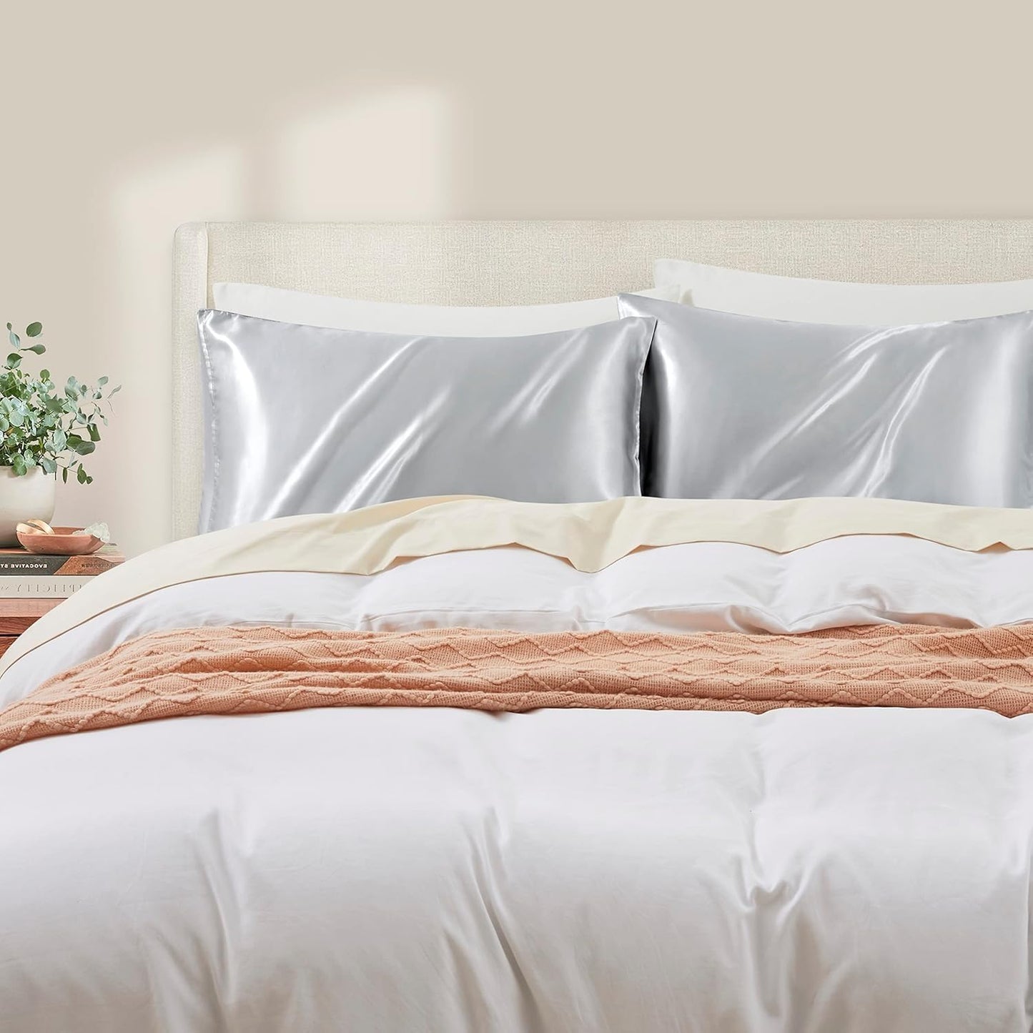 Juwenin Bedding,Luxury Satin Pillowcase with Zipper (Silky Satin Pillow Case for Hair) Set of 2 (Silver, Standard(20''x26''))