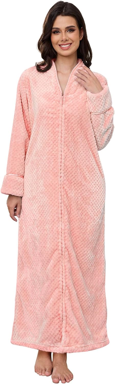 Artfasion Womens Fleece Robe Plush Long Zip Front Bathrobe with Pockets Warm Soft Zippered Bathrobes for Women