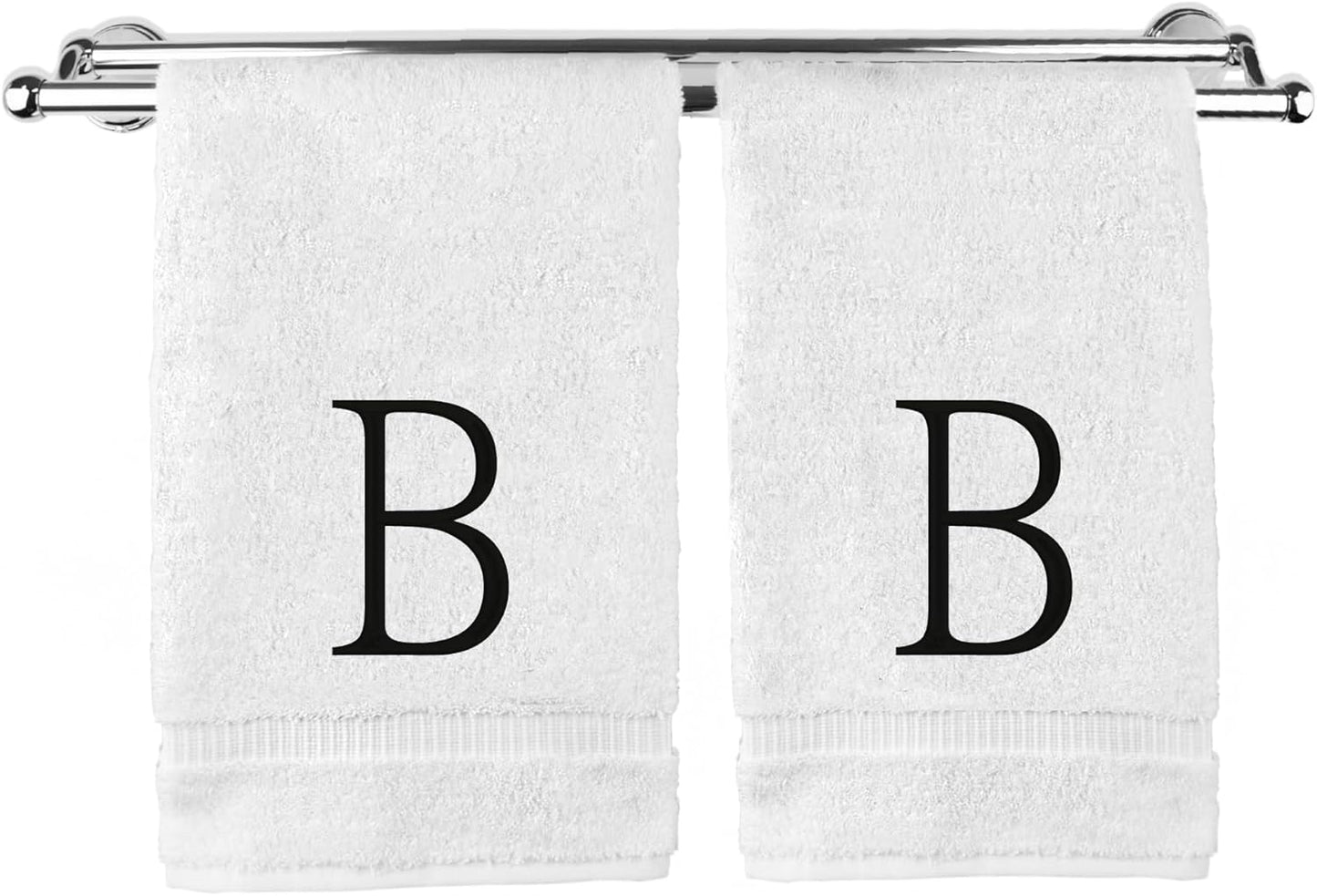 Monogrammed Hand Towel, Personalized Initial Gift, Extra Absorbent 100% Turkish Cotton - Soft Terry Finish - Set of 2 - Black Block Initial B - Embroidered on White Towels