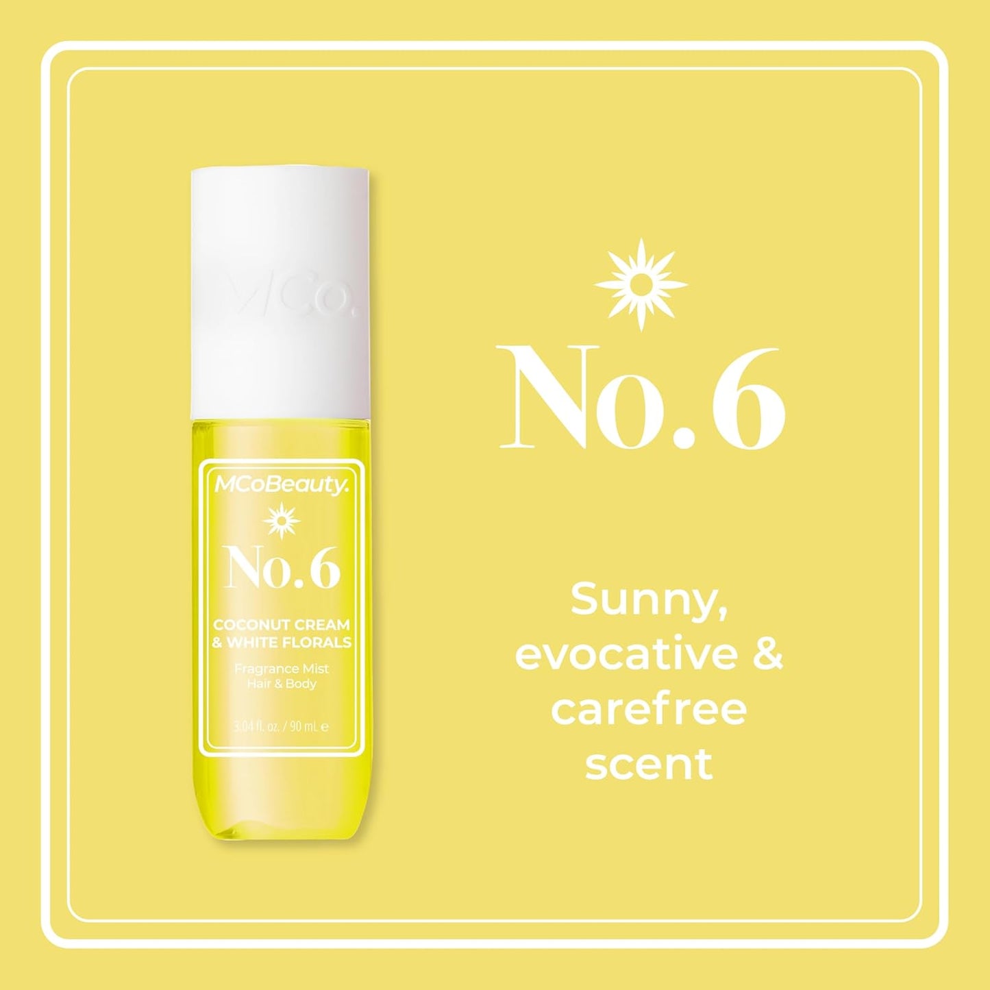 MCoBeauty - Fragrance Mist No. 6 - Light Body and Hair Spray Coconut Cream & White Florals, Tropical Notes for Day or Night - Vegan, Cruelty Free - Gifts for Women, Feminine Spray - 90ml Bottle