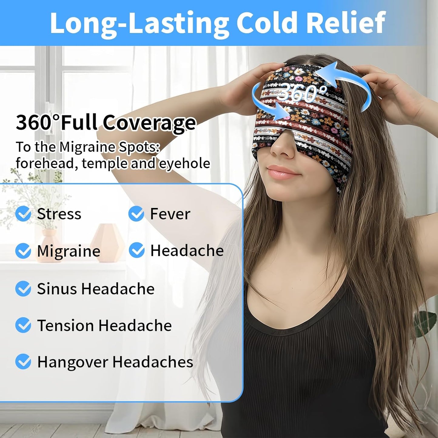 Migraine Relief Cap,Headache Relieve Cap,Black Flowers Reusable Gel Ice Head Wrap Cap for Tension,Stress,Hangover & Puffy Eyes.