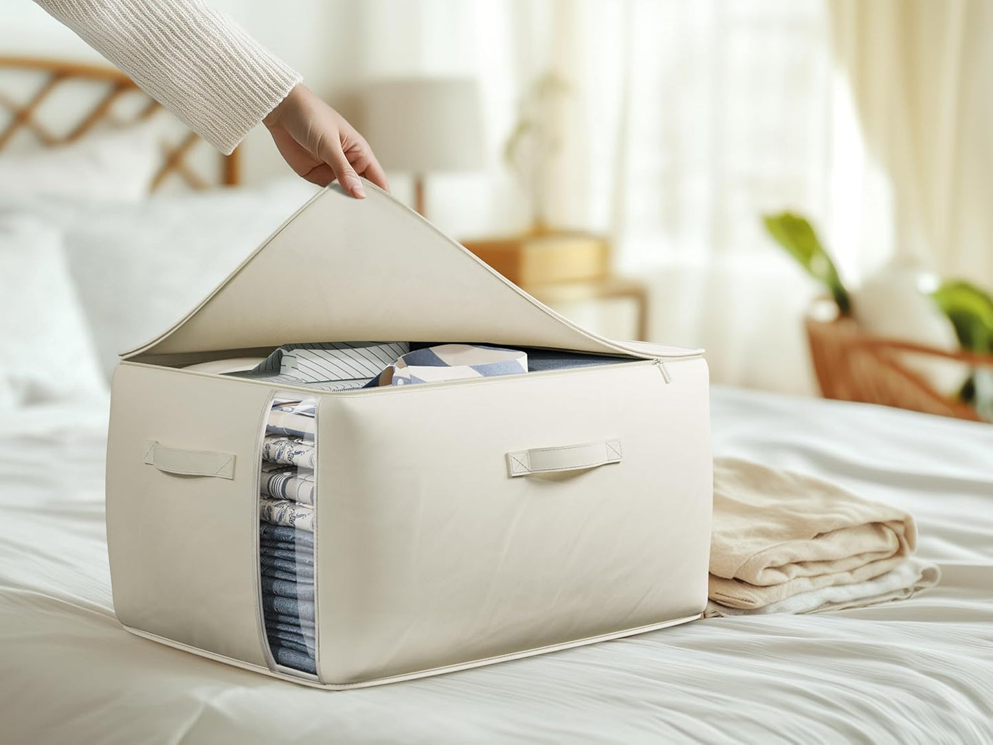 Large Canvas Clothes Storage Bags with Thick Handles and Clear Window, Foldable Cotton Linen Underbed Closet Organizer for Clothing, Blankets and Bedding, 60L, 6 Pack, Beige