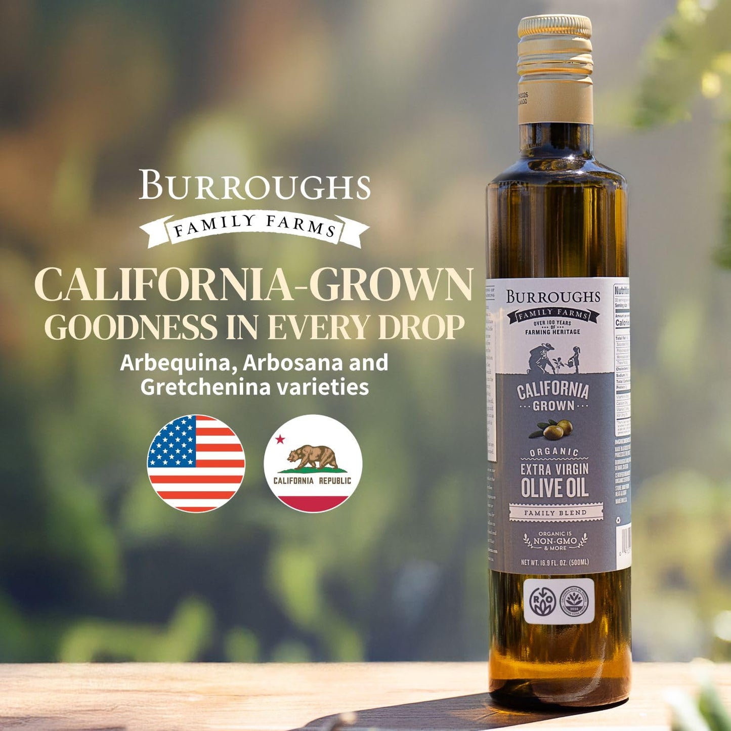 Burroughs Family Farms Premium Organic Extra Virgin Olive Oil – Cold-Pressed California EVOO, Polyphenol Rich Family Blend – Regenerative Organic & USDA Certified, Non-GMO, Gluten-Free – 500ml (16.9 fl oz) Glass Bottle