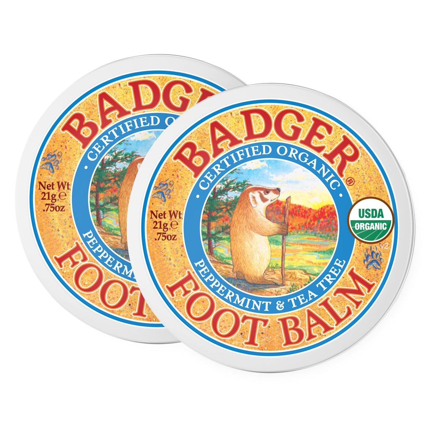 Badger Foot Balm, 100% Organic Foot Cream for Dry Cracked Heels and Feet, Fast Acting Foot Care for Women & Men, All-Natural Cracked Heel Treatment, .75 oz Tin, 2-Pack