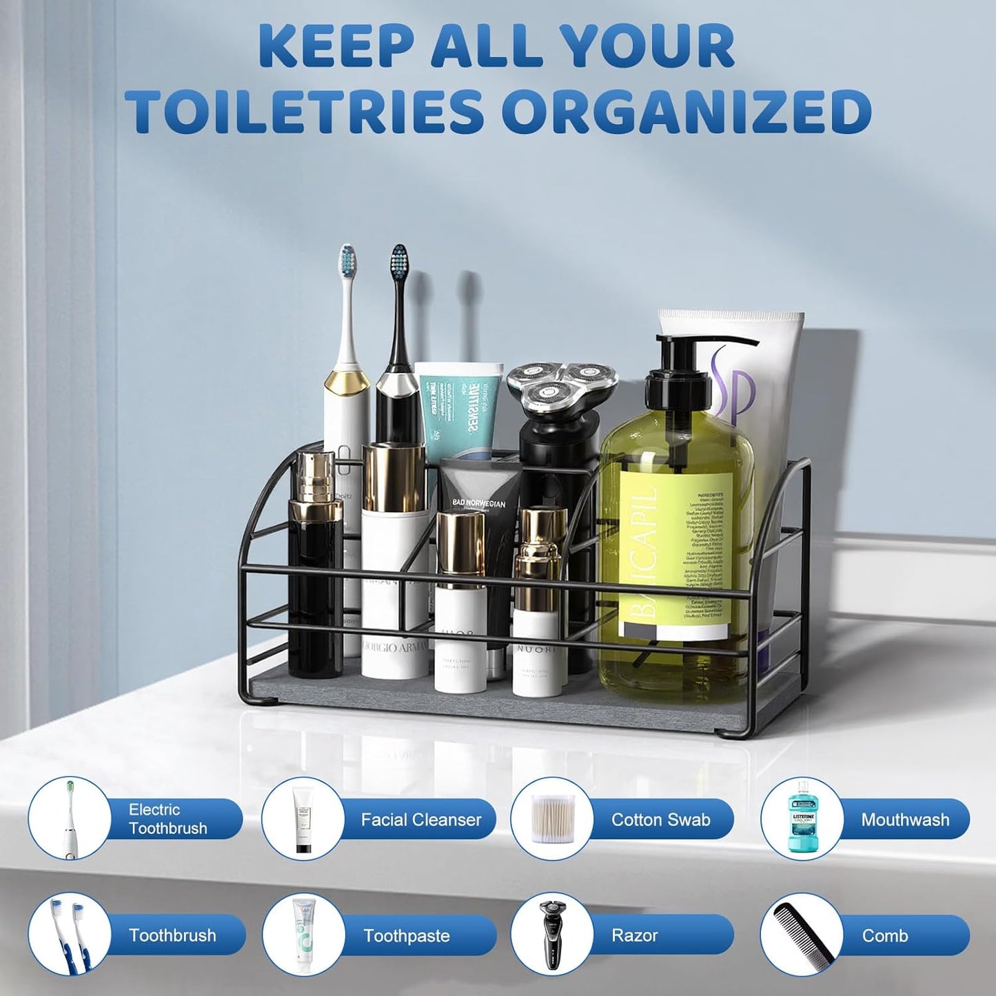 Luxspire Toothbrush Holders, 5 Slots Bathroom Counter Organizer with Diatomaceous Earth Tray, Stainless Steel Toothbrush Holder for Bathroom Kitchen Dressers Accessories, Black