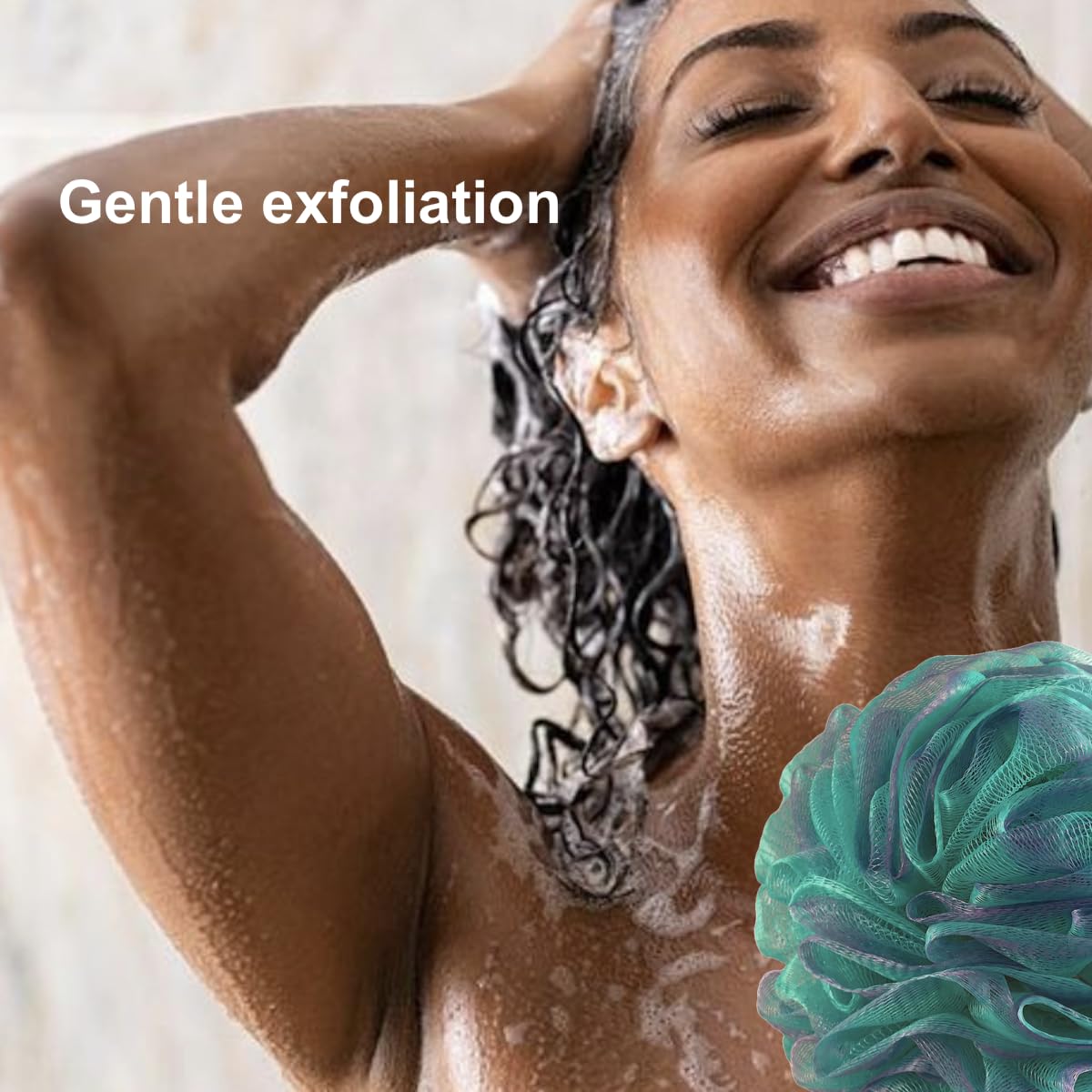 SHOWER BOUQUET 2-Sided-Loofah-Back-Scrubber & Bath-Sponge Set // 1-Long-Handle-Back-Brush Plus 2-Extra-Large 75g Soft Mesh Poufs, Men & Women - Exfoliate with Full Pure Cleanse in Bathing Accessories