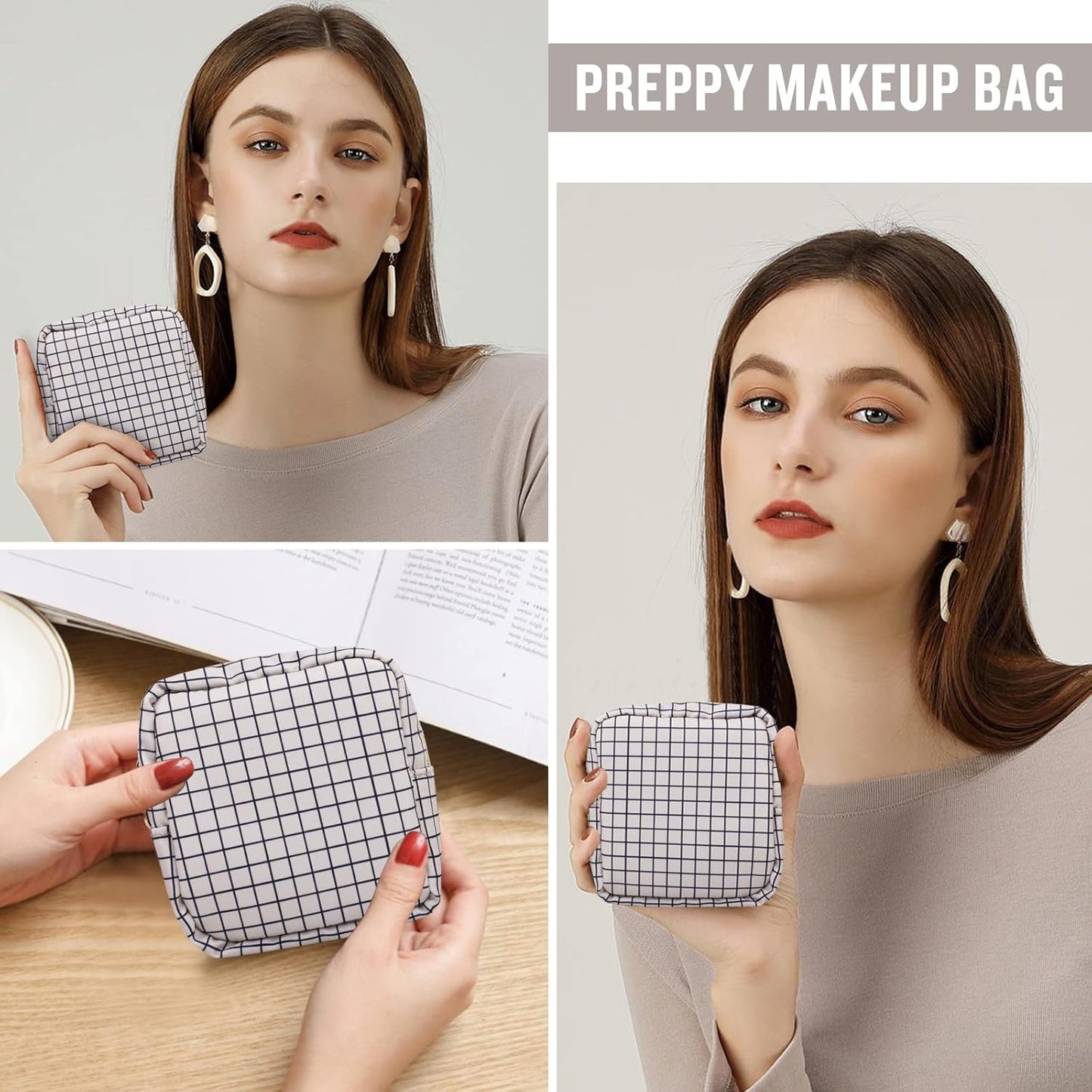 Nylon Mini Makeup Bag for Purse, Small Cute Checkered Makeup Bag Preppy Cosmetic Zipper Pouch Purse, Travel Coin Pouch Sanitary Napkin Storage Bag Clutch Make Up Organizer for Women Girls(Checkered)