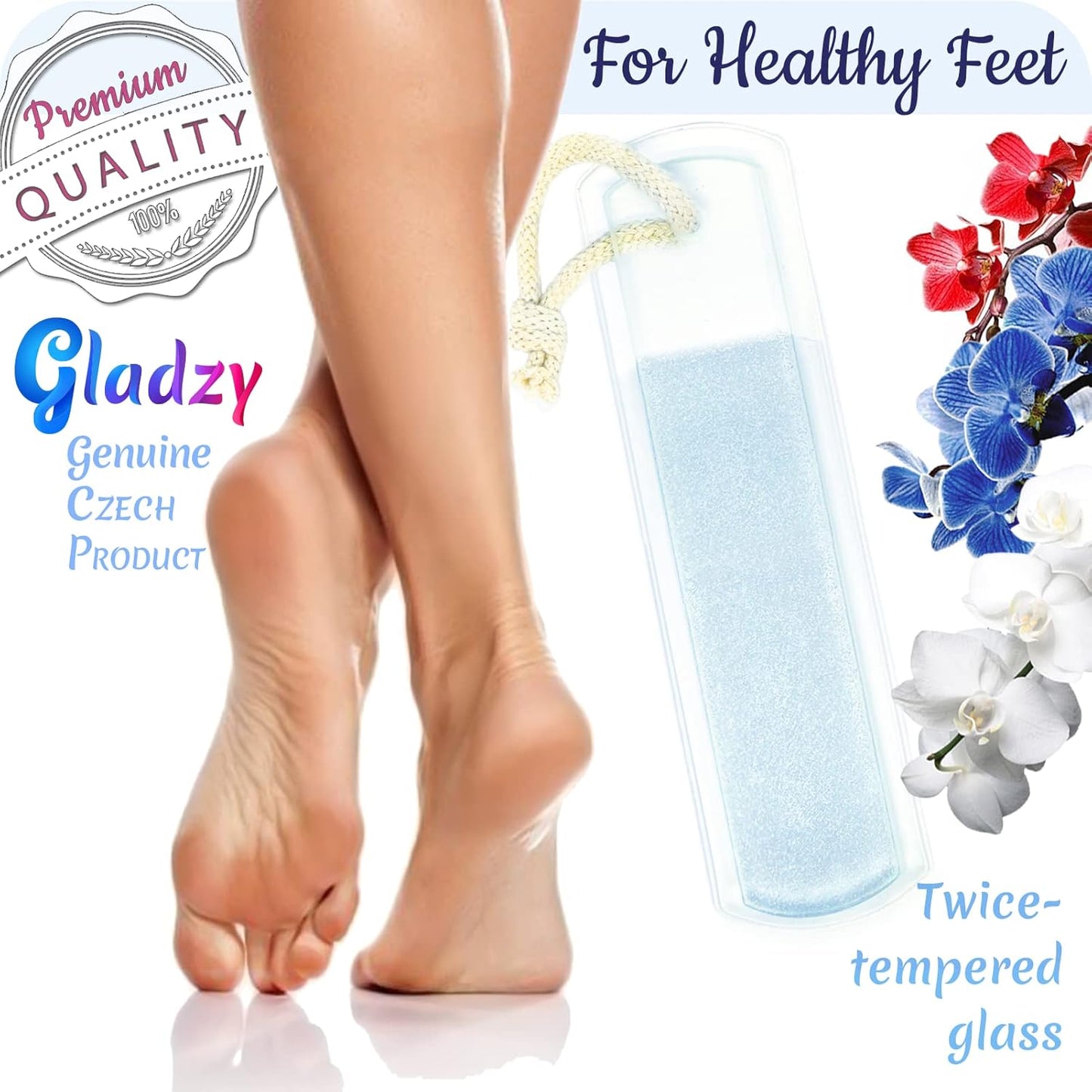 GLADZY Czech Glass Foot File Callus Remover – Double Sided Etched, Different Grit Coarse & Fine Surfaces for Hard Skin & Cracked Heels, Professional Pedicure Tool, Washable Reusable, Made in EU