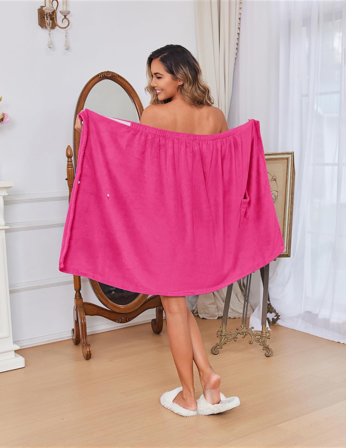 Ekouaer Women's Plush Towel Wrap Soft Lightweight Shower Wrap Absorbent Spa Body Wrap Bath Robe with Velcro S-L