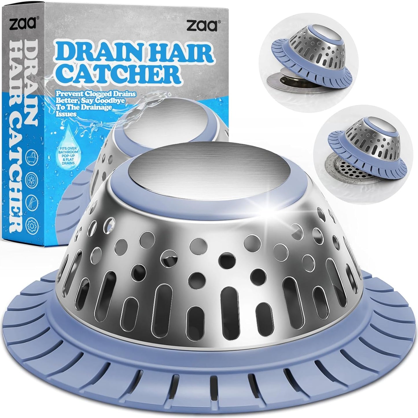 zaa Drain Hair Catcher - Bathtub Drain Cover, Hair Stopper for Bathtub Drain, 304 Stainless Steel Drain Protector and Hair Trap for Flat & Pop-up Drains, Silver Blue