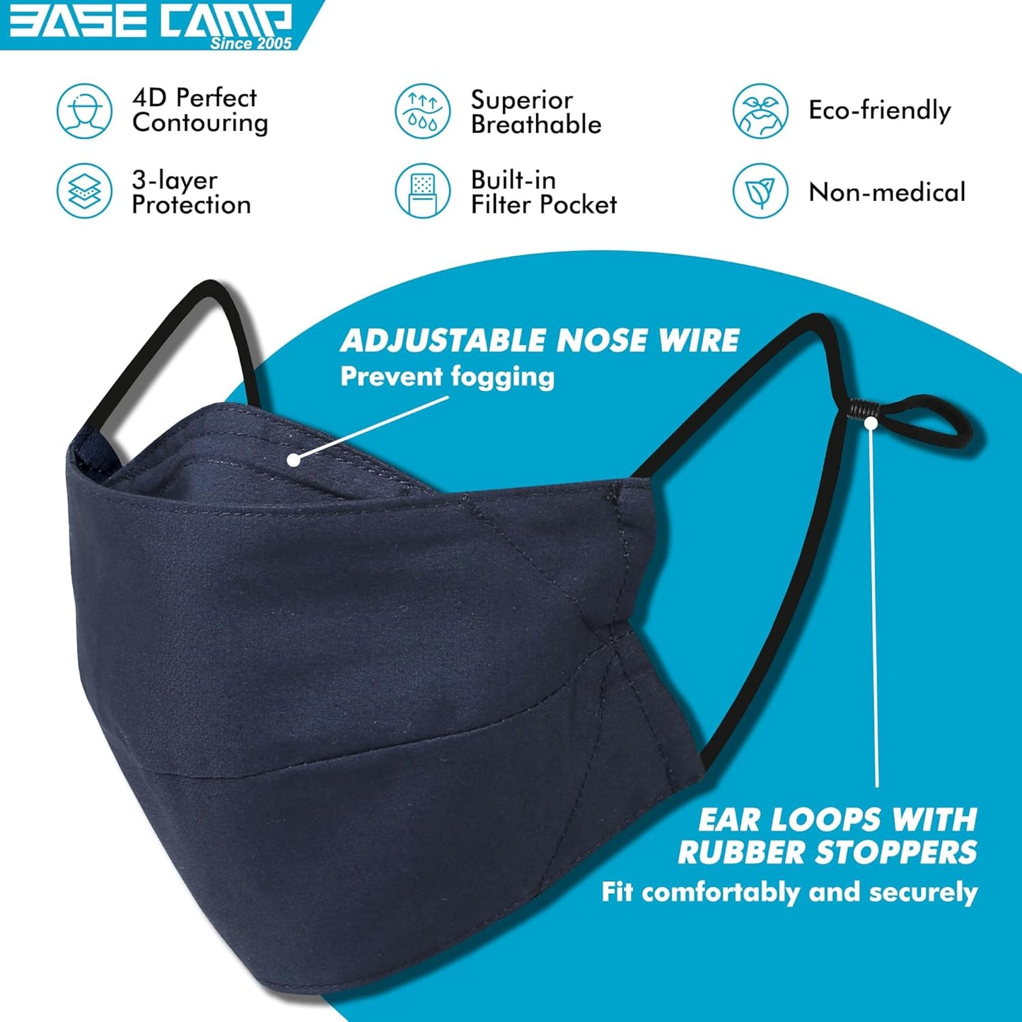 BASE CAMP Reusable Cloth Dust Face Masks 100% Cotton Washable Adjustable Breathable Fabric Mask with Filter Pocket