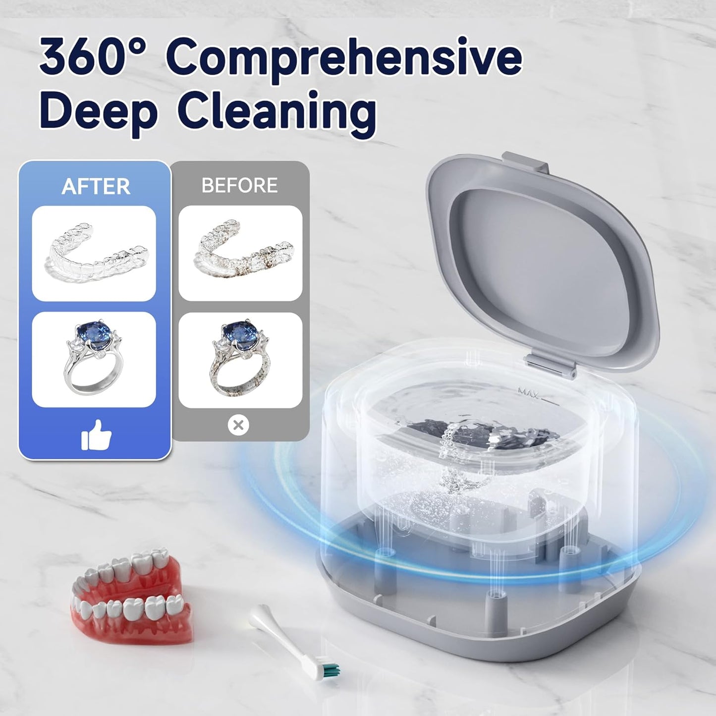 Ultrasonic Retainer Cleaner, KUNPHY 46KHz Professional Ultrasonic Jewelry Cleaner 7.5Oz, Retainer Cleaner Machine for Dentures, Braces, Aligner, Dental Appliances (White)