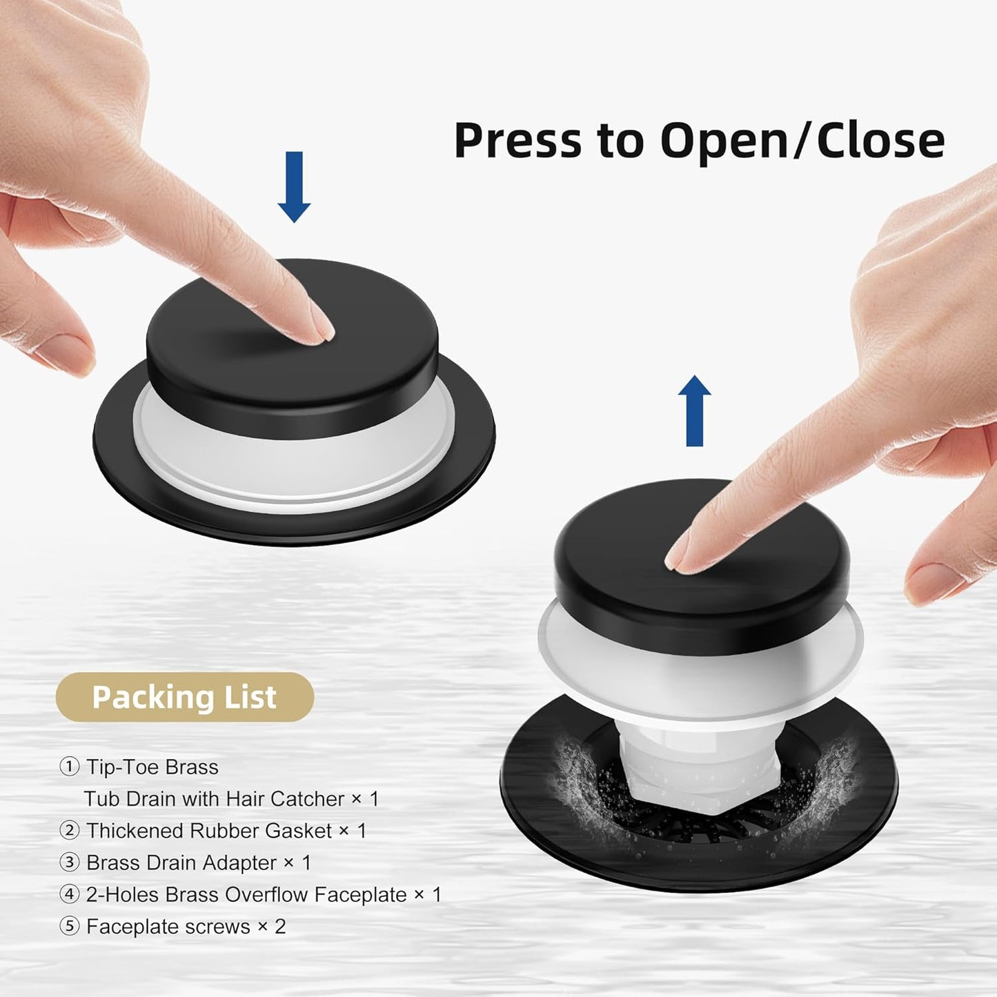 Matte Black Tub Drain Kit with Hair Catcher, Premium Brass Tip-Toe Bathroom Tub Drain Replacement and 2-Hole Overflow Faceplate, 11.5/16 UNC Bathtub Drain Stopper Assembly