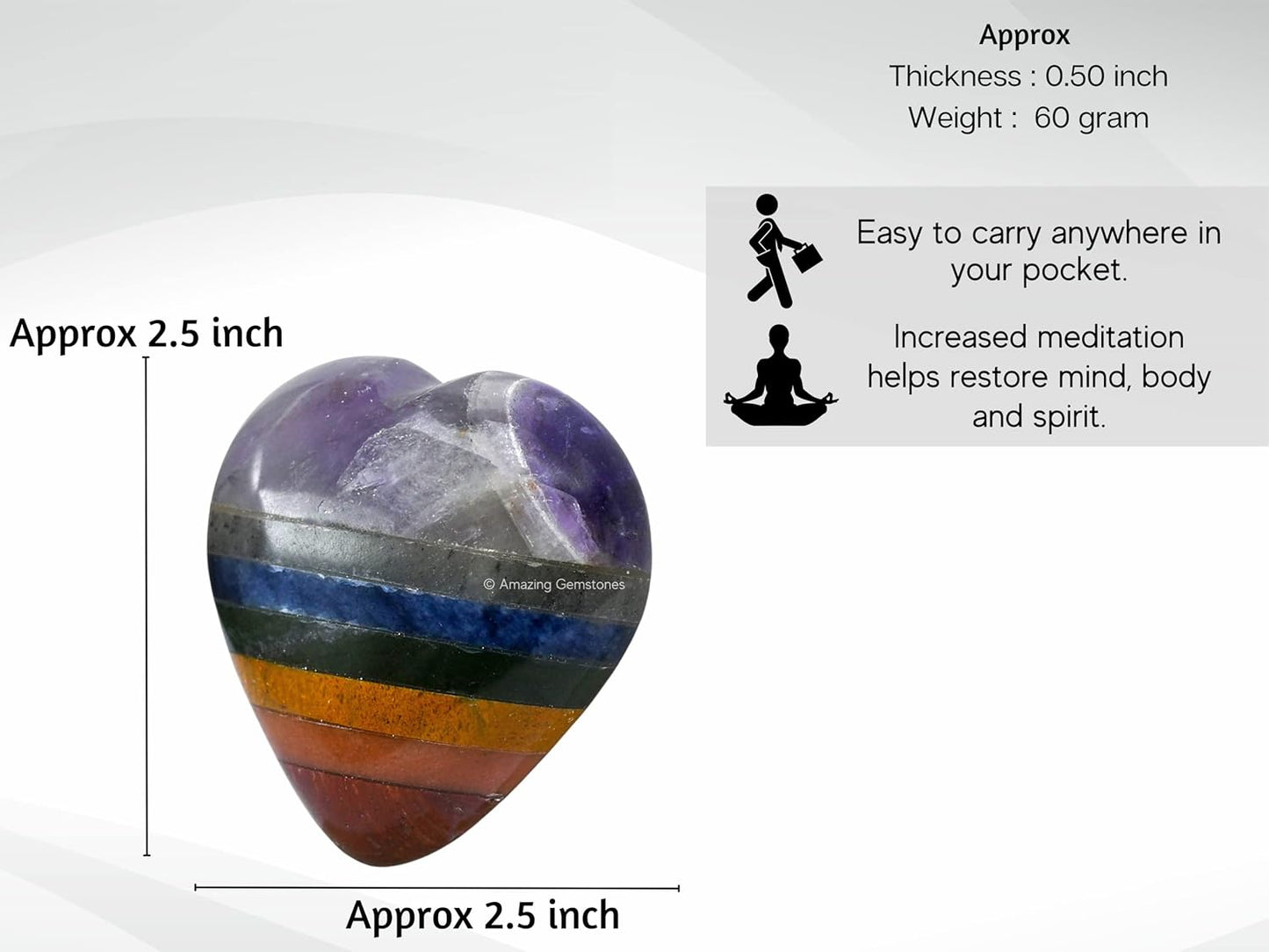 Amazing Gemstone Chakra Crystal Heart Palm Stone - Pocket Massage Worry Stone for Natural Body Chakra Balancing, Reiki Healing and Crystal Grid