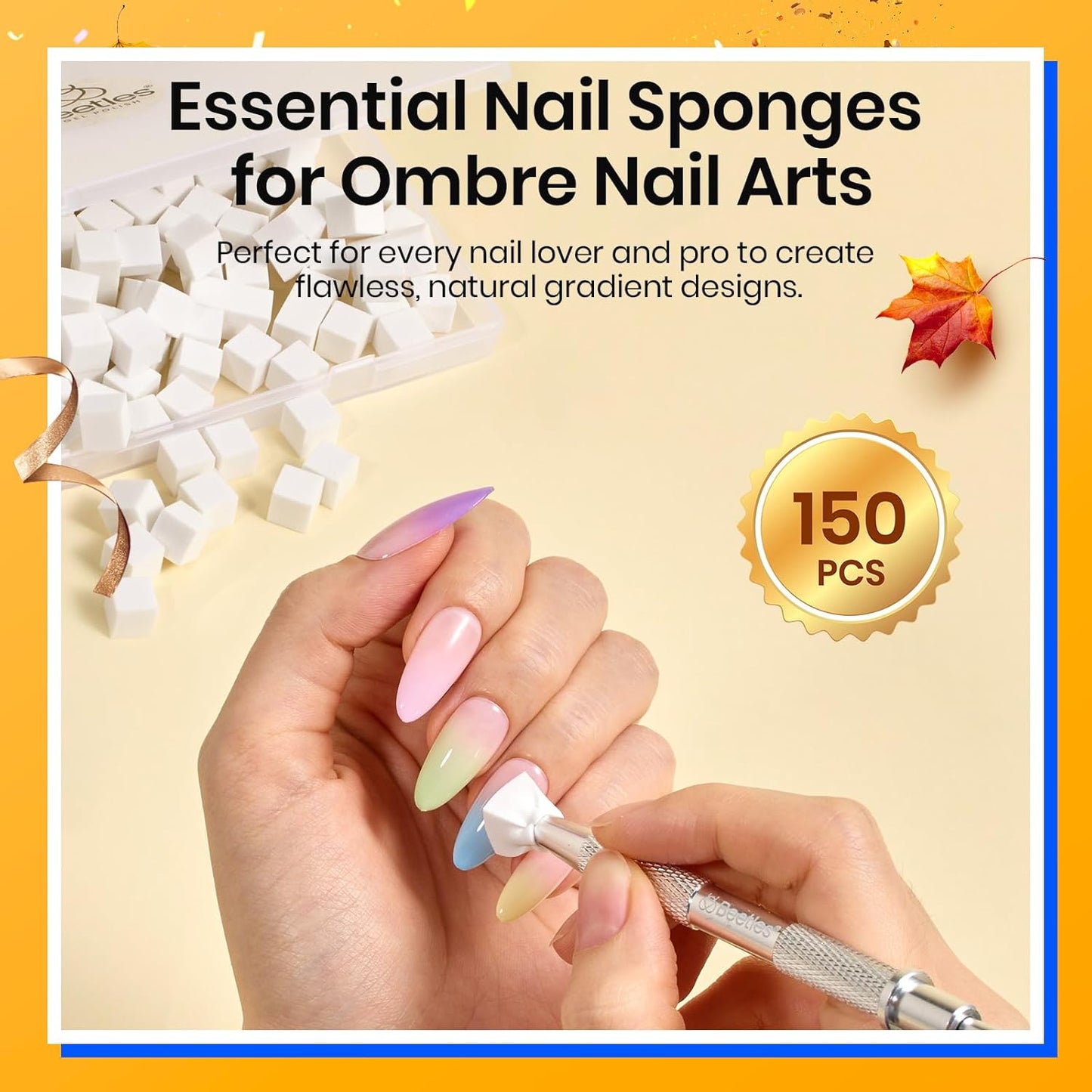 Beetles 150Pcs Soft Nail Sponges for Ombre, White Nail Sponge with Grabbing Pen, Blooming Nails Art Brushes, Gradient Manicure DIY Tools, Professional Accessories Supplies for Home and Salon Use