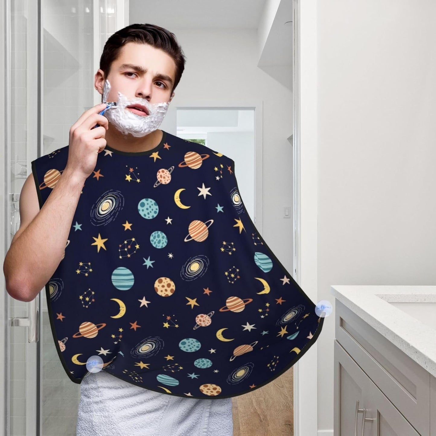 Non-Stick Beard Bib for Shaving, Space Galaxy Zodiac Star Planet Constellation Shave Bib, Waterproof Hair Catcher with Suction Cups, Grooming Apron Men Husband
