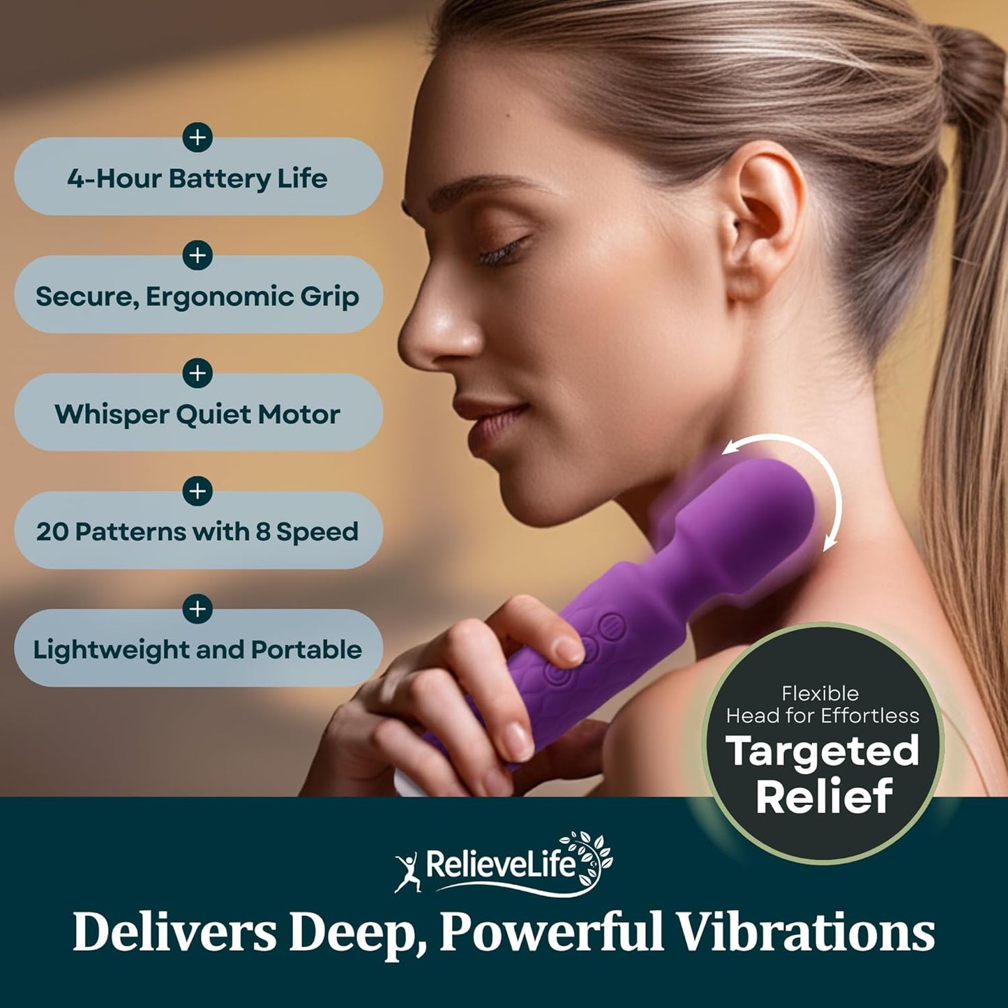 Massage Wand Handheld Cordless Massager Deep-Tissue Hand Massager & Body Massage Tool for Pain Relief, Muscle Recovery, Circulation & Inflammation Reduction