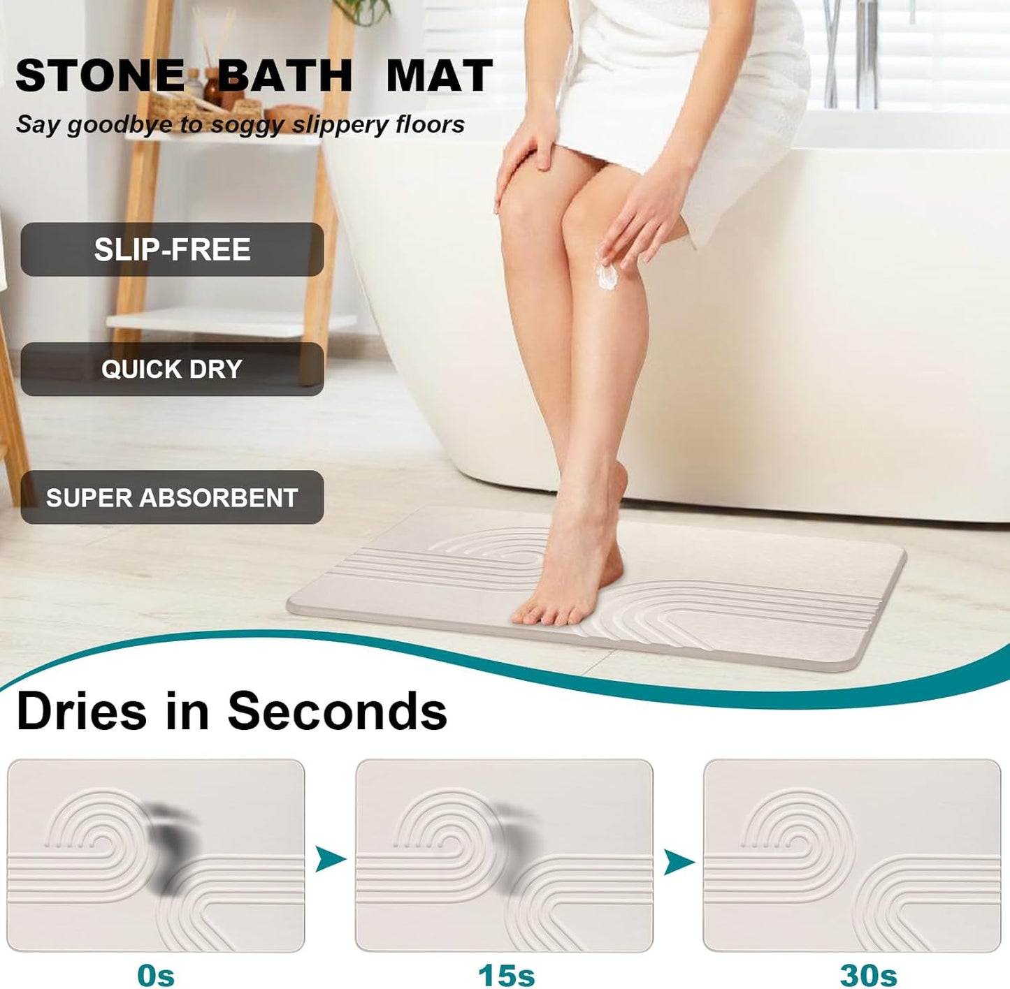 Elfcool Stone Bath Mat Diatomaceous Earth Shower Mat Non Slip Quick Dry Bath Stone Mat Super Absorbent Bathroom Floor Mat for Bathroom Kitchen Counter (Off White 02)