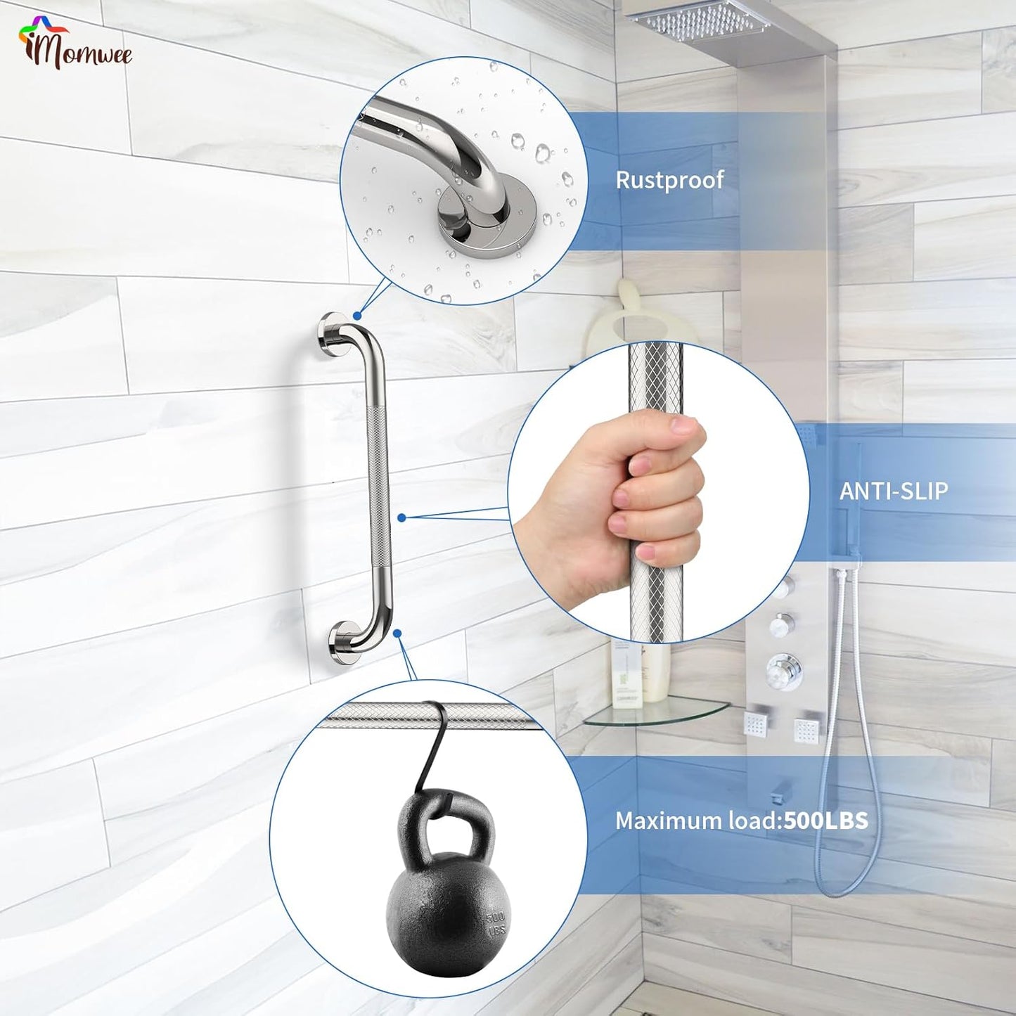 Anti-Slip Chrome Grab Bar 16 Inch, iMomwee 2 Pack Stainless Steel Bathroom Grab Bar w/Knurled Grip, Safety Shower Grab Bar for Wall, Toilet Balanced Support Bar Bathtub Assist Handle for Elderly