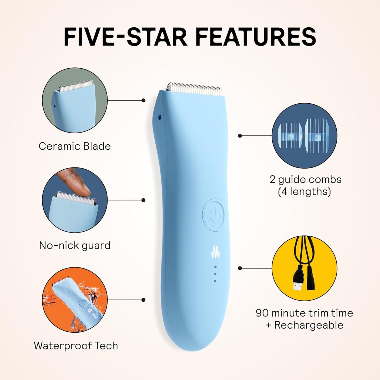 MERIDIAN The Trimmer Original - Body Hair Trimmer for Men, Electric Shaver for Pubic Hair, Chest, Legs & Bikini, Waterproof & Rechargeable, Sky